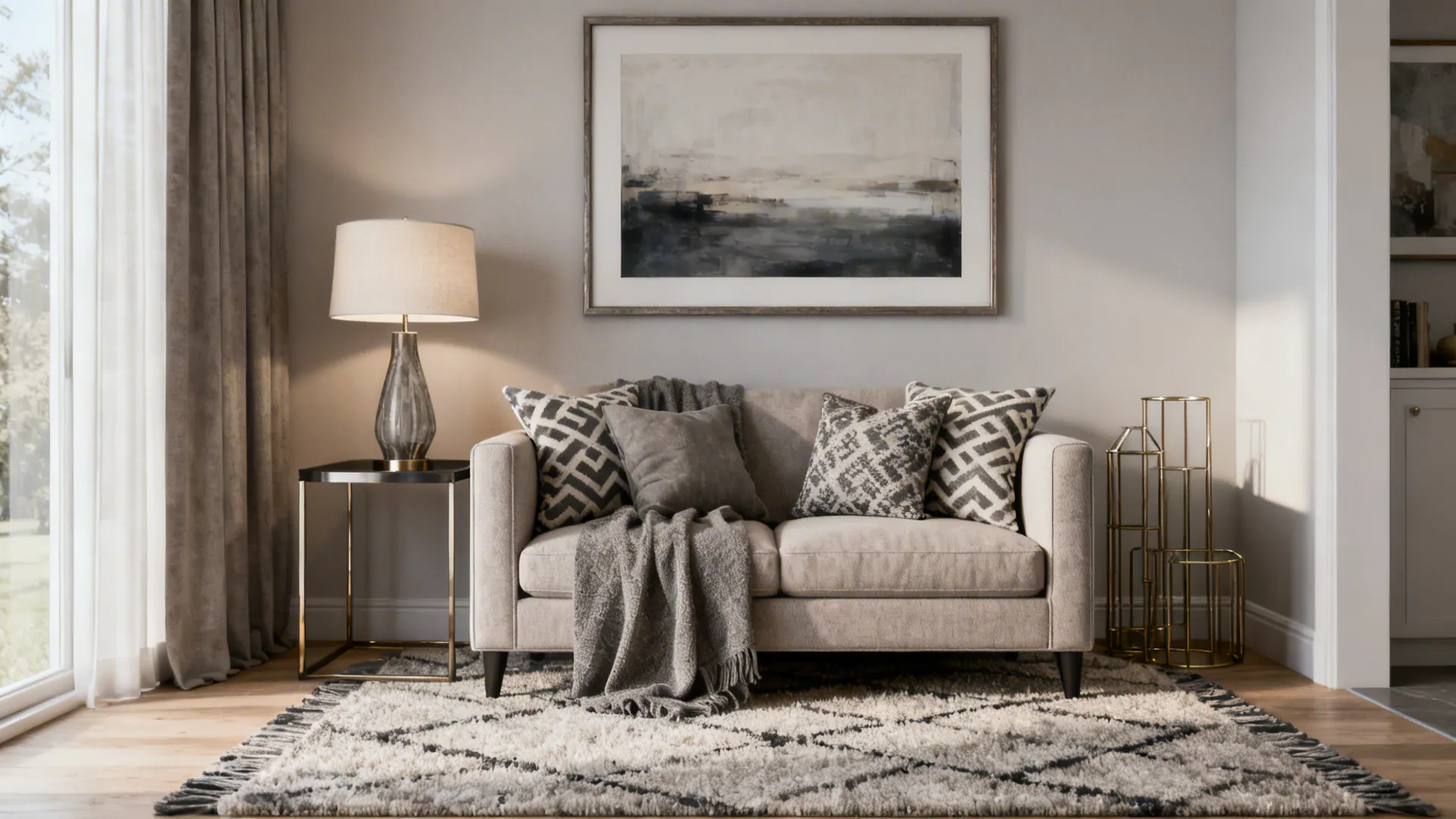 Small living room in soft greige with patterned cushions and mixed metal accents.