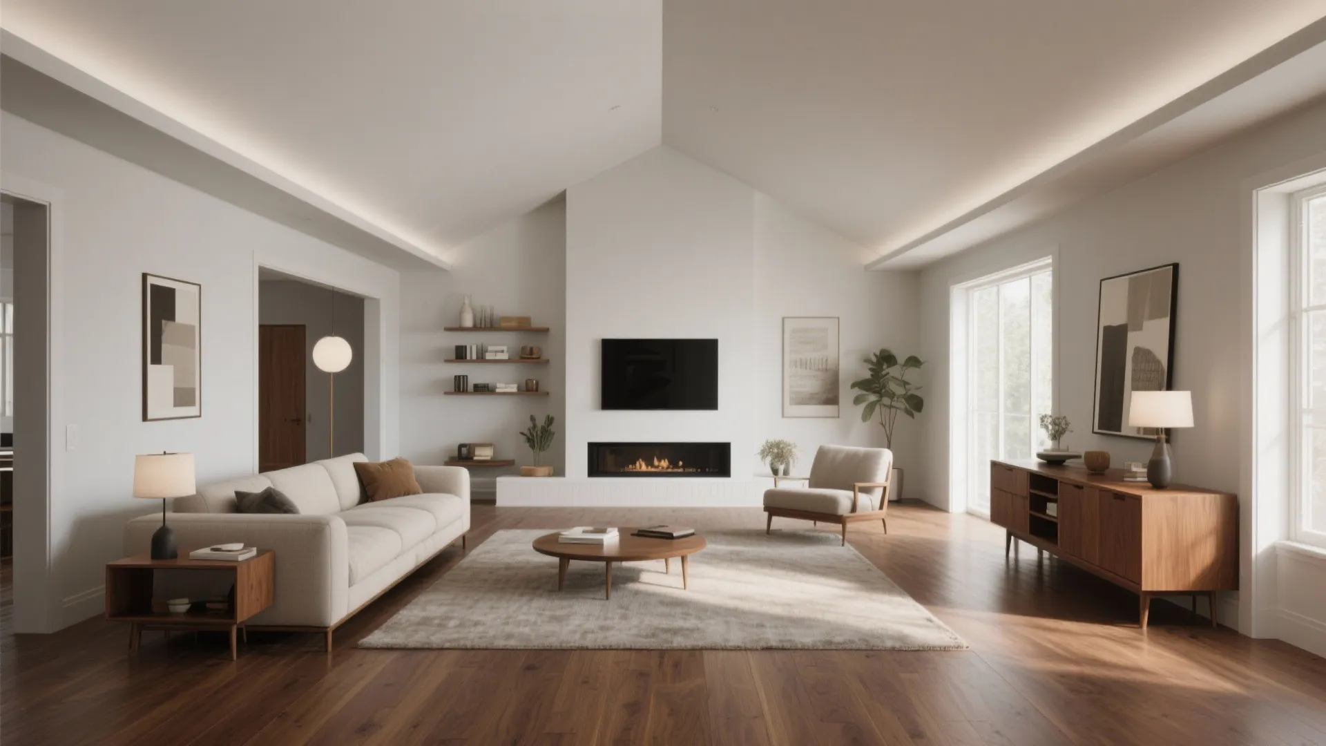 Spacious living room featuring white sofa wooden cabinet fireplace wall television and warm wood floor design