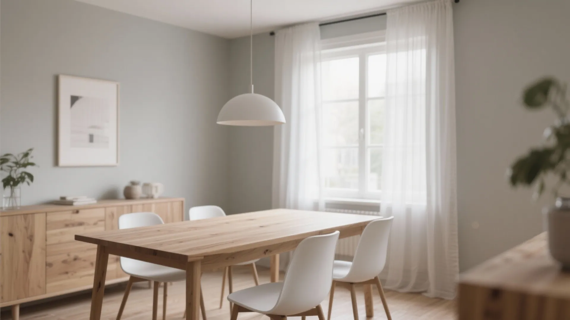 Scandinavian dining room with soft greige walls and wood furniture