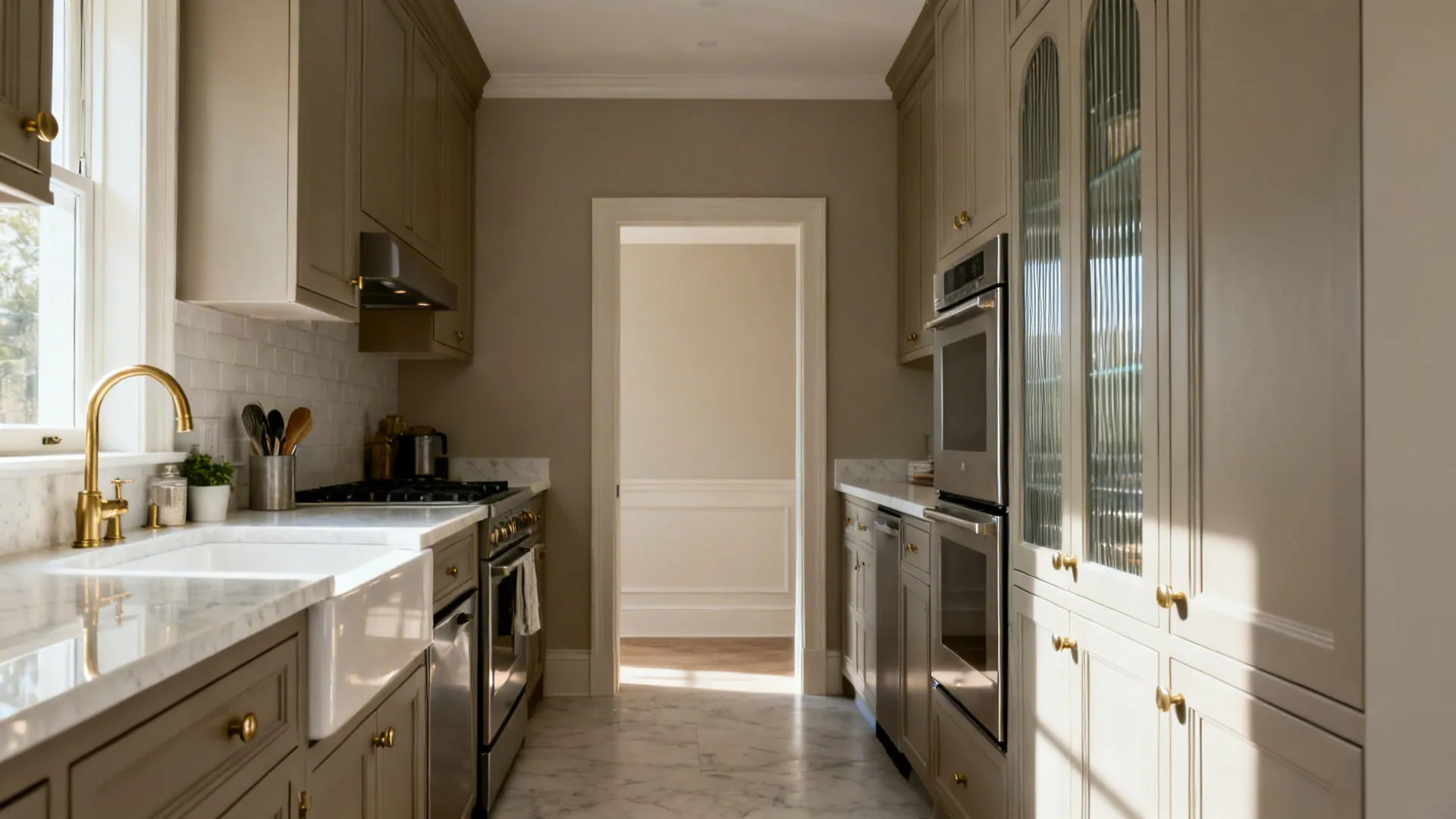 North-facing galley kitchen in soft greige with lighter uppers and stainless accents.