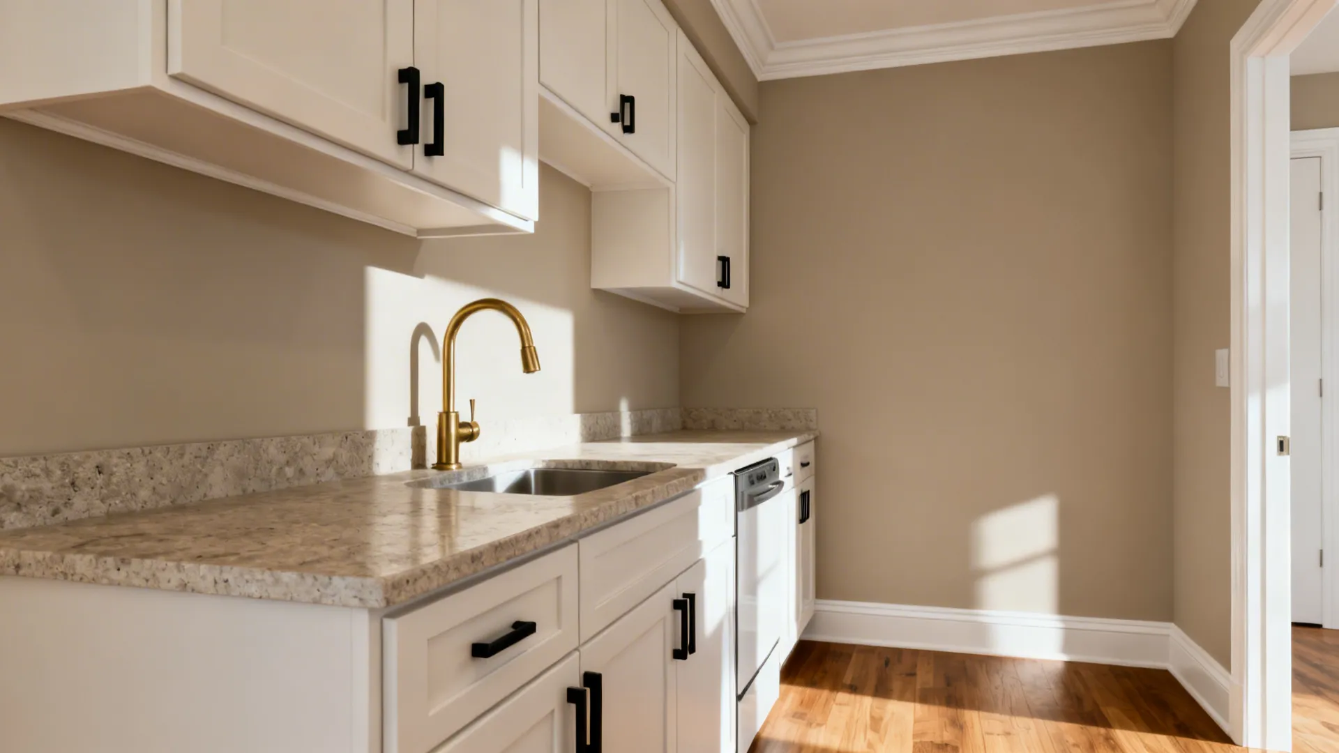 Small kitchen with soft greige walls, creamy trim, and mixed metal hardware elevating laminate cabinets.