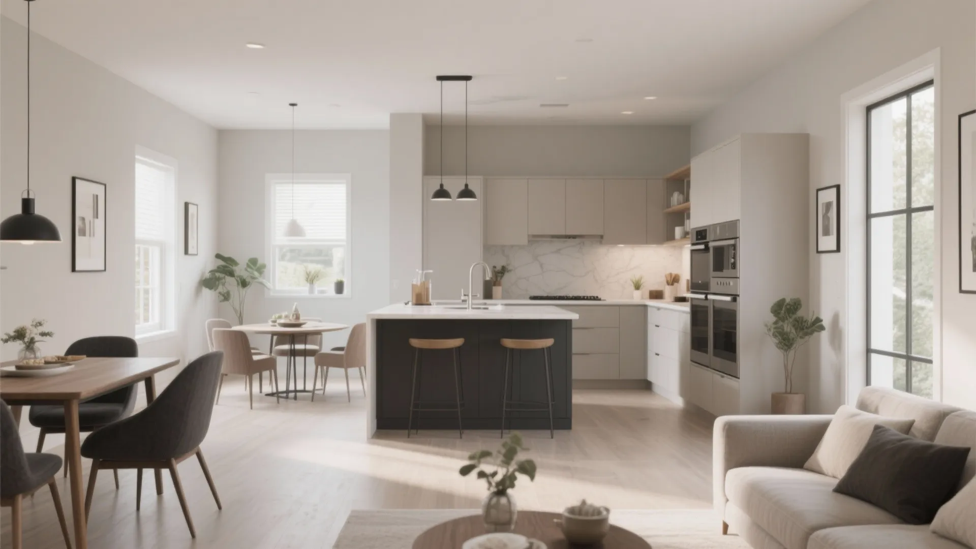 Open plan living area with grey kitchen island wooden floors beige sofa and black light fixtures