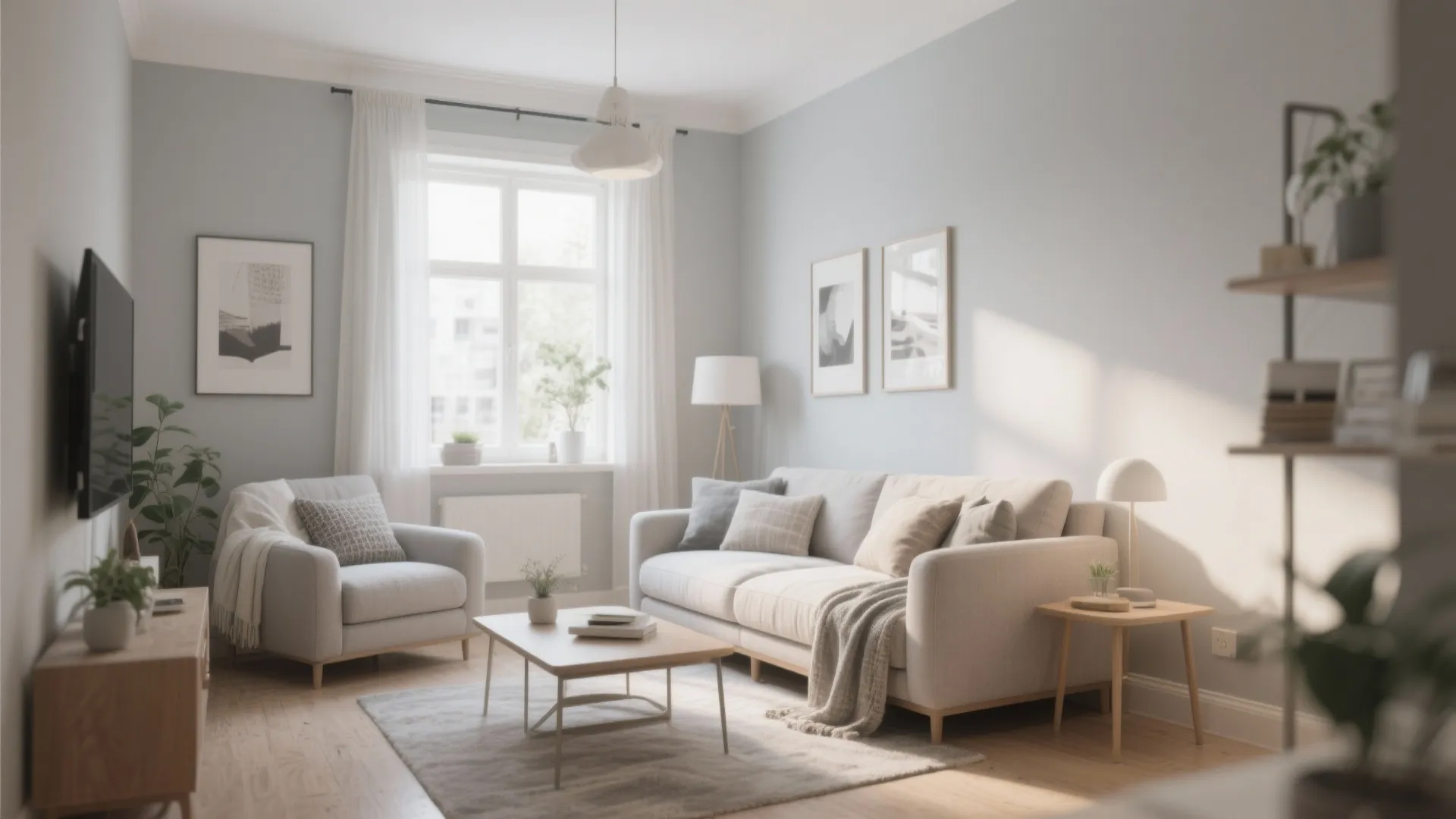 Modern bright living room with soft grey sofa arm chair wooden coffee table and ceiling light