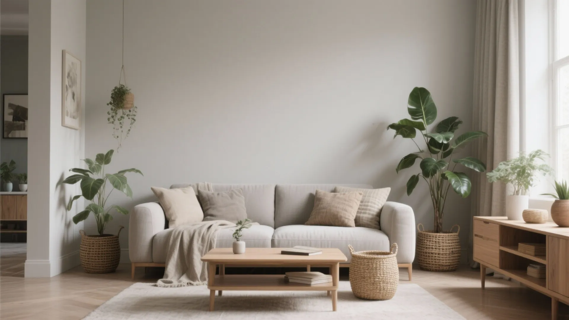 Modern living room with beige sofa wooden coffee table green indoor plants and large windows