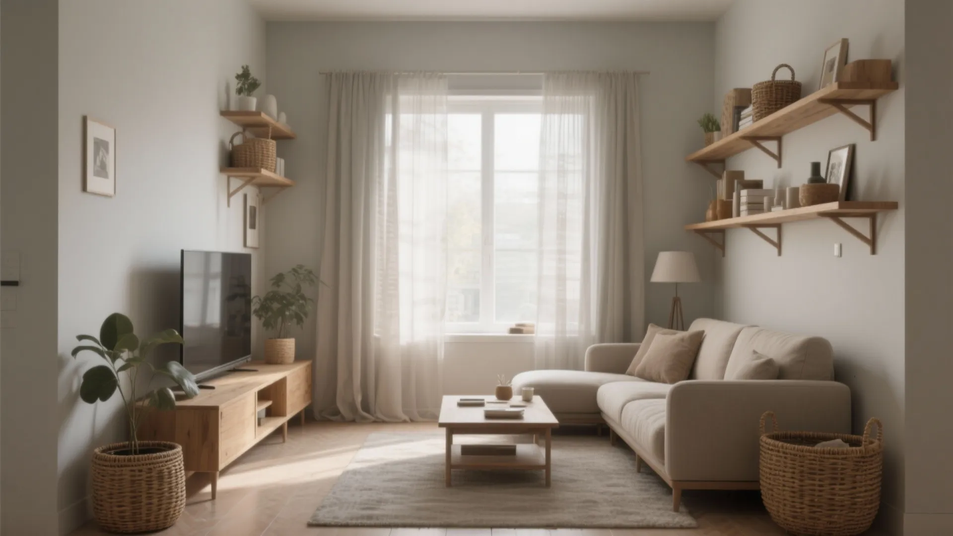 Modern light grey living room with sofa wooden coffee table wall shelves television and soft curtains