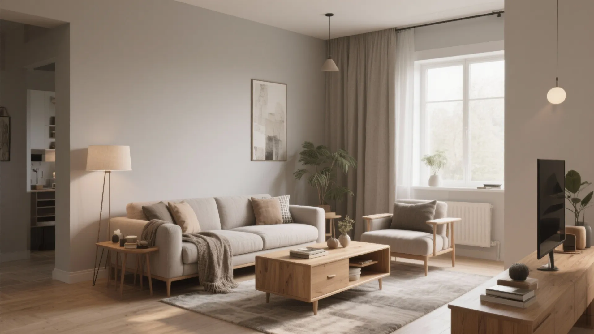 Minimalist living room with beige sofa wooden coffee table floor lamp armchair and large bright window