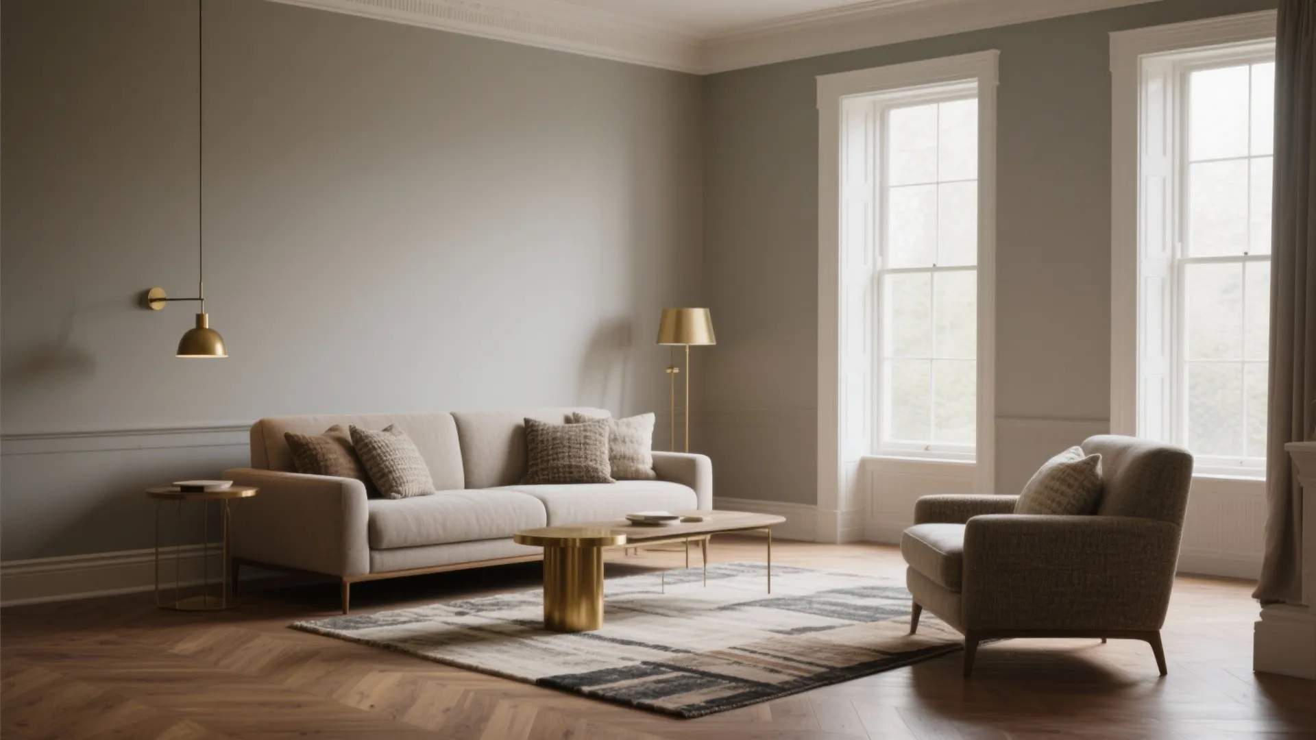Drawing room interior with soft greige walls, wood tones, brass accents and textured fabrics in warm daylight.