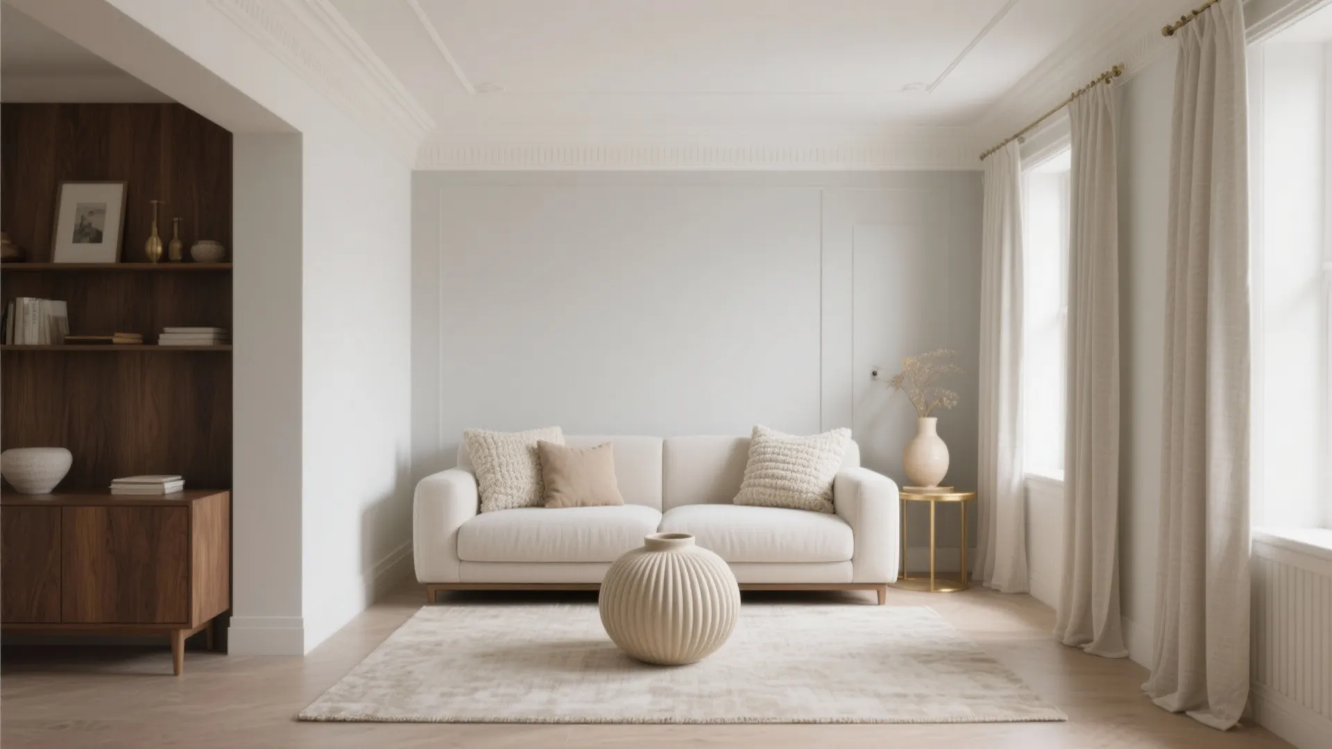 Compact living room in whisper white and greige with walnut, brass, linen curtains, and a bone rug under soft daylight.