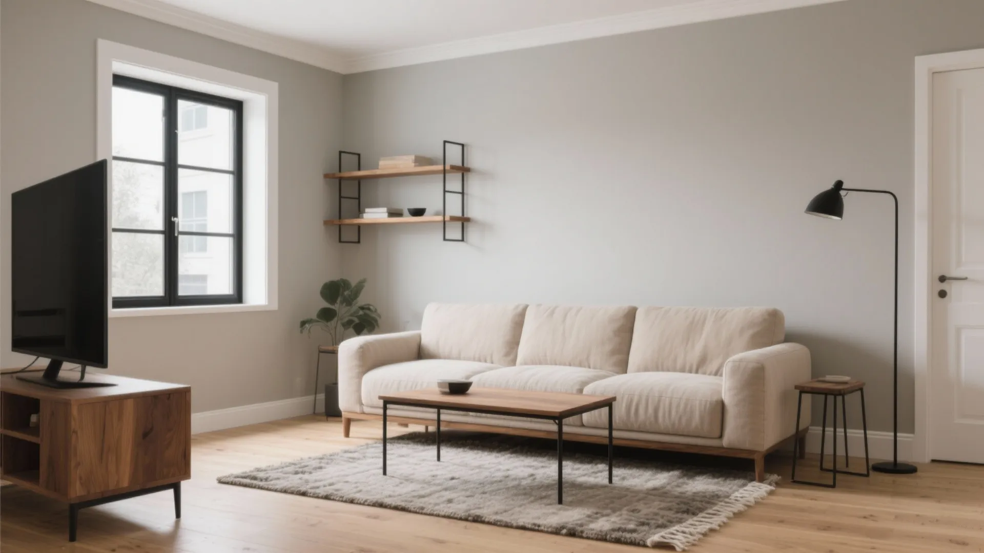 Small living room with soft greige walls, light oak floors, black accents, and a textured neutral rug.