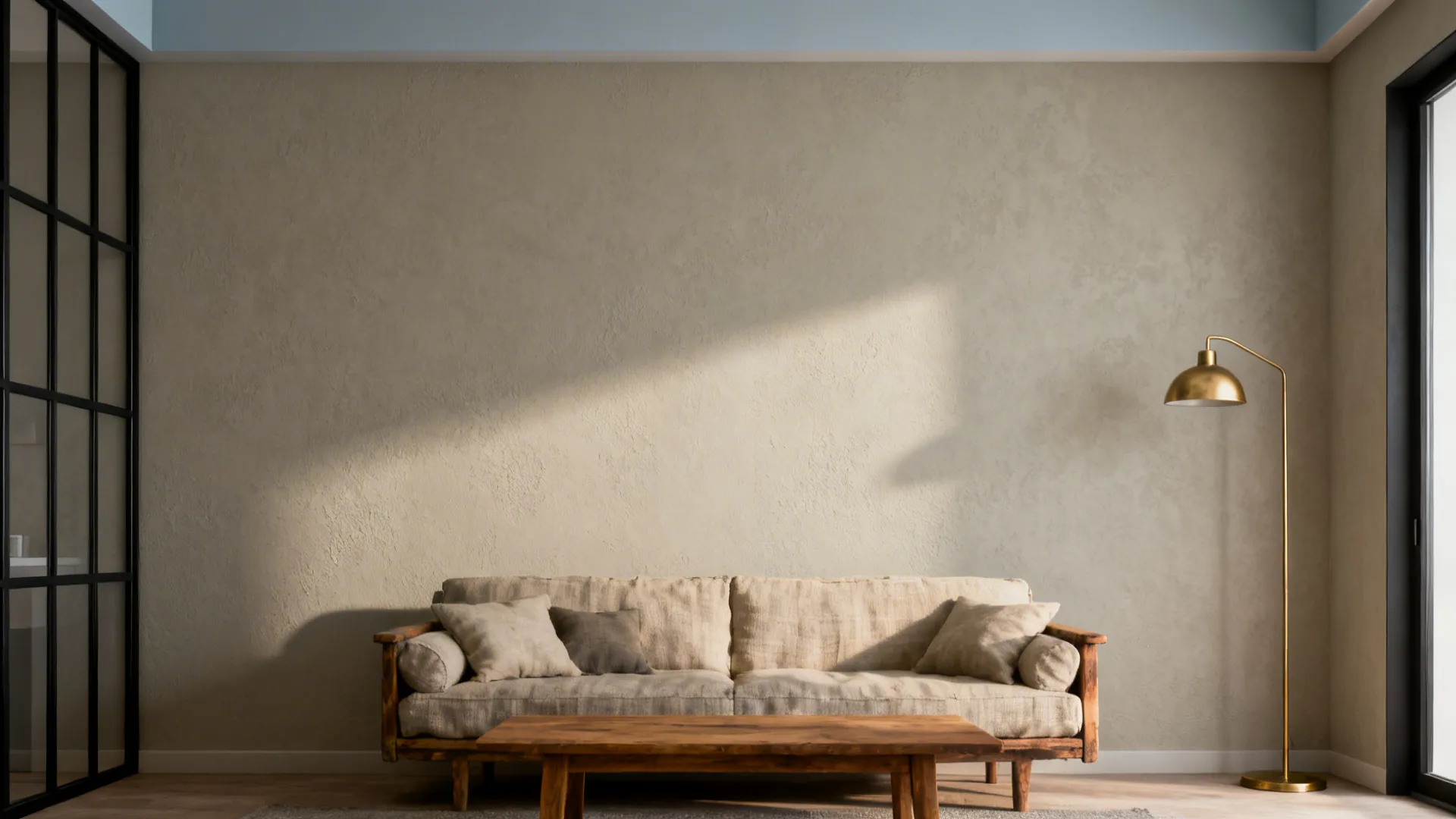 Small living room with soft greige walls, oak table, and linen sofa in warm daylight.