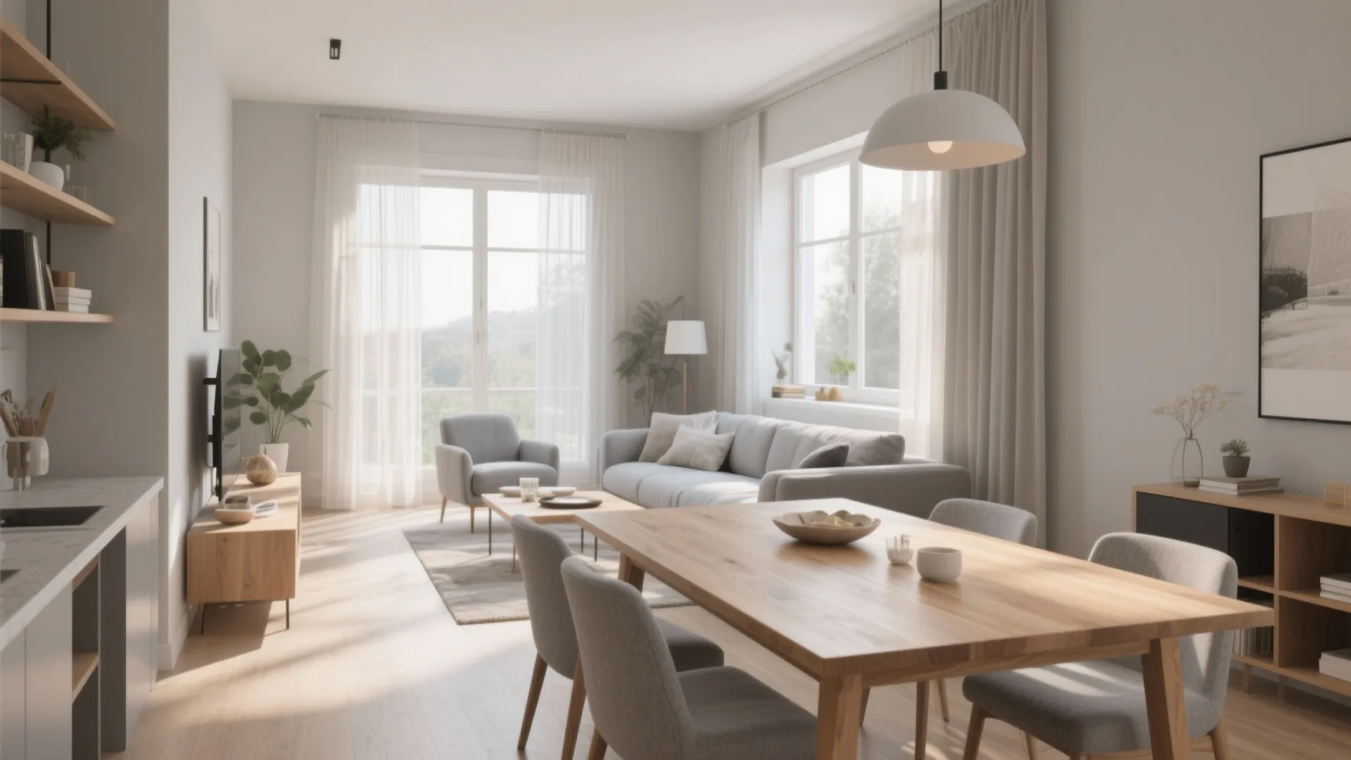 Modern open plan living room with grey sofa wooden dining table and white ceiling light