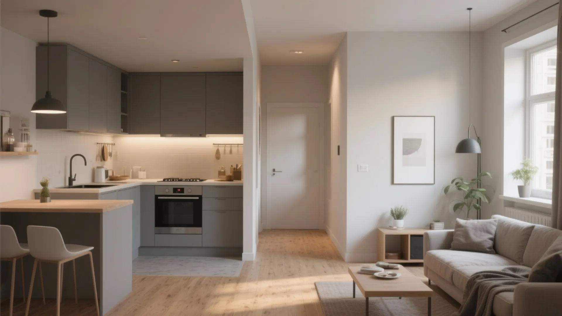 Modern open plan living room and kitchen area with grey sofa wooden floor and window