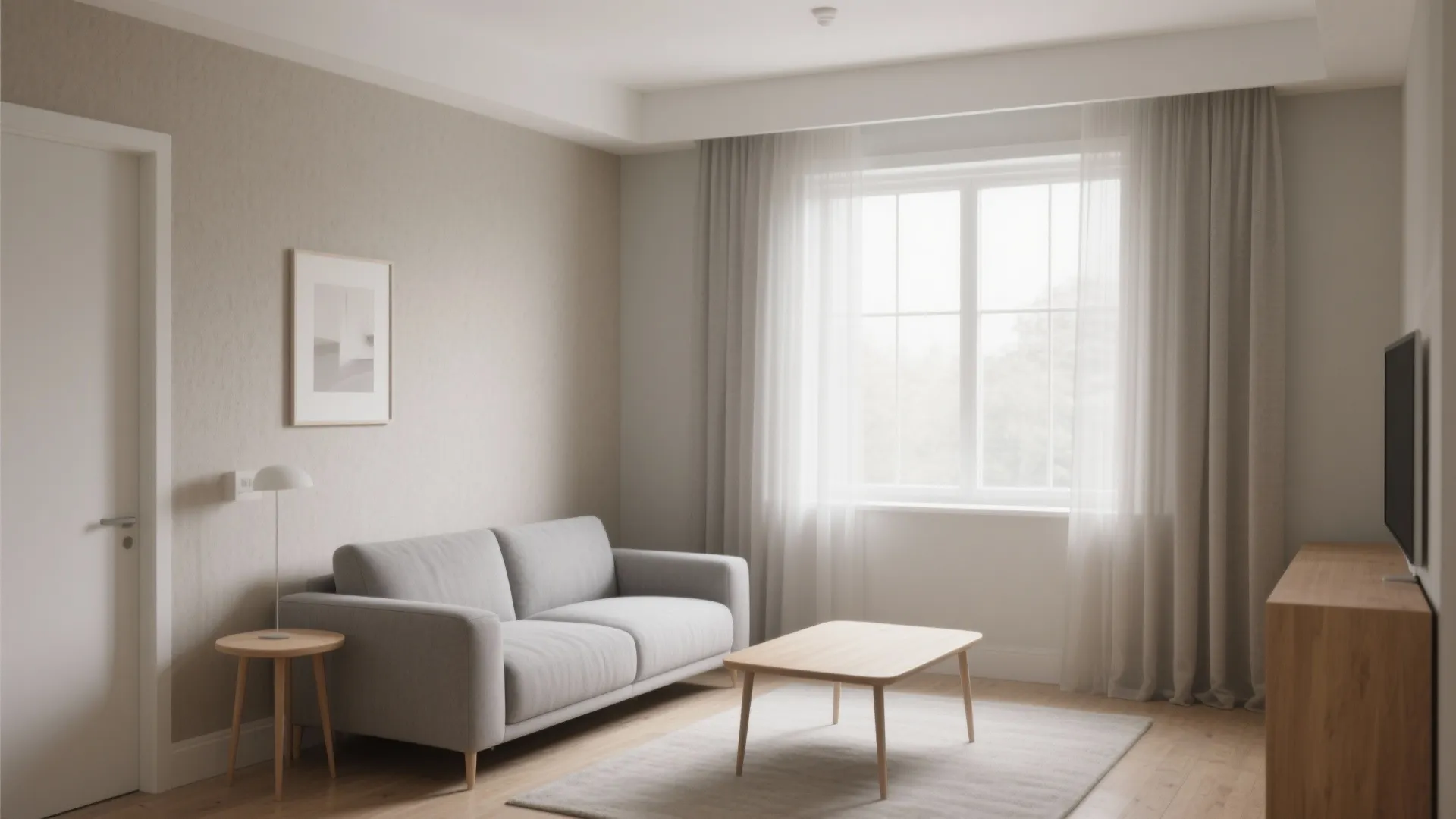 Minimalist living room with grey sofa, wooden coffee table, beige walls, and white window curtains
