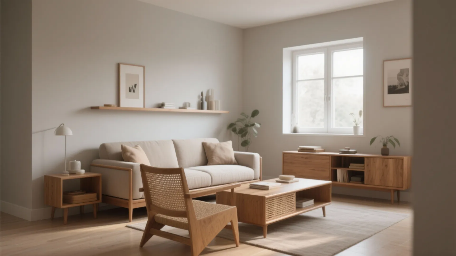 Minimalist living room interior design with beige sofa, wooden chair, wall shelf, and natural light