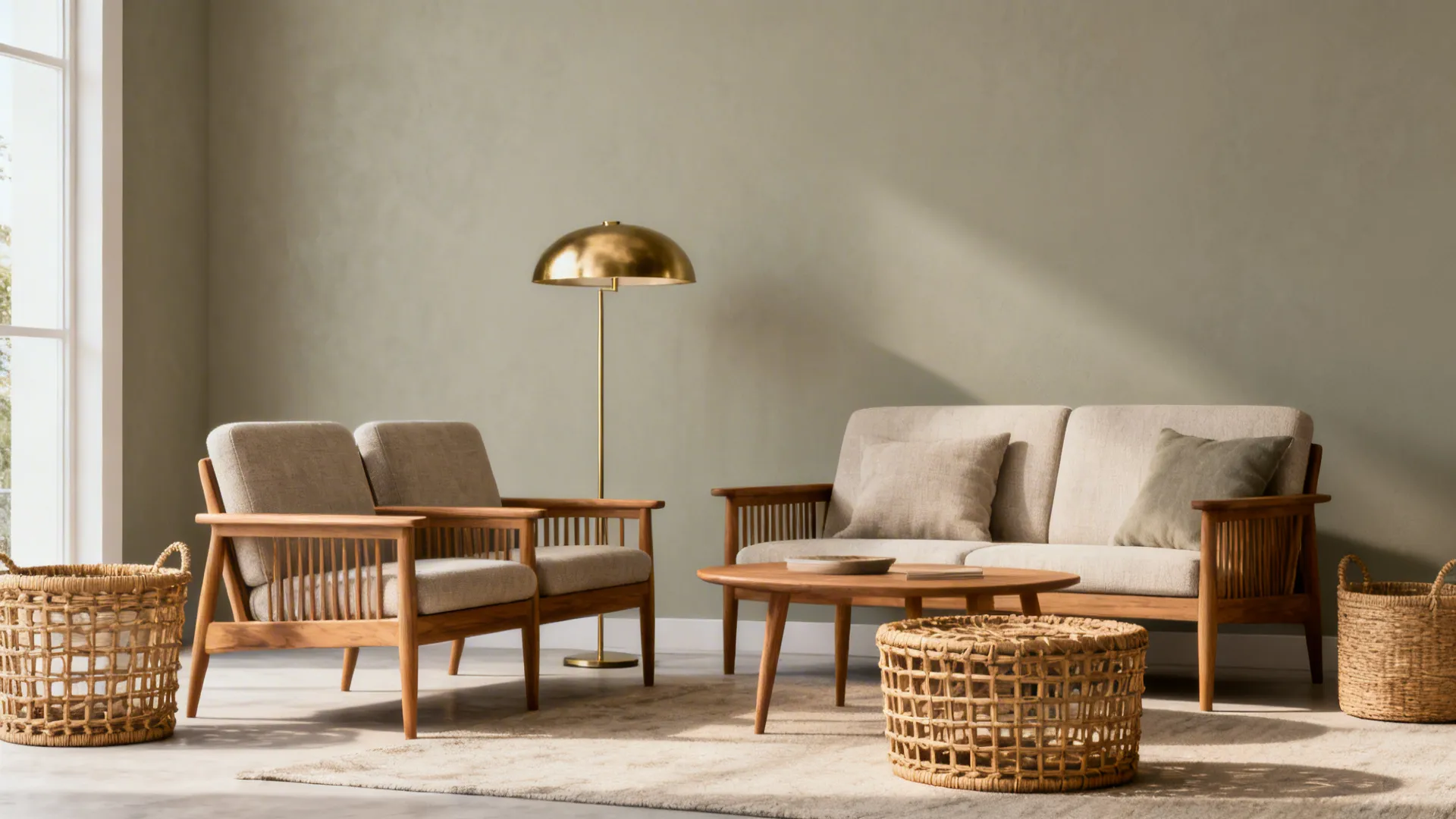Living room with a soft greige wall, wood accents, brass lighting and neutral furnishings.