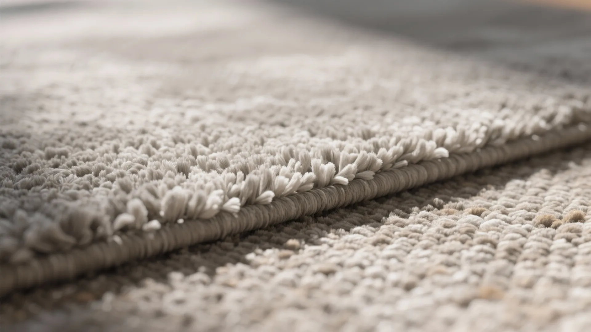 Close up view of soft beige carpet texture with thick fibers in warm natural sunlight