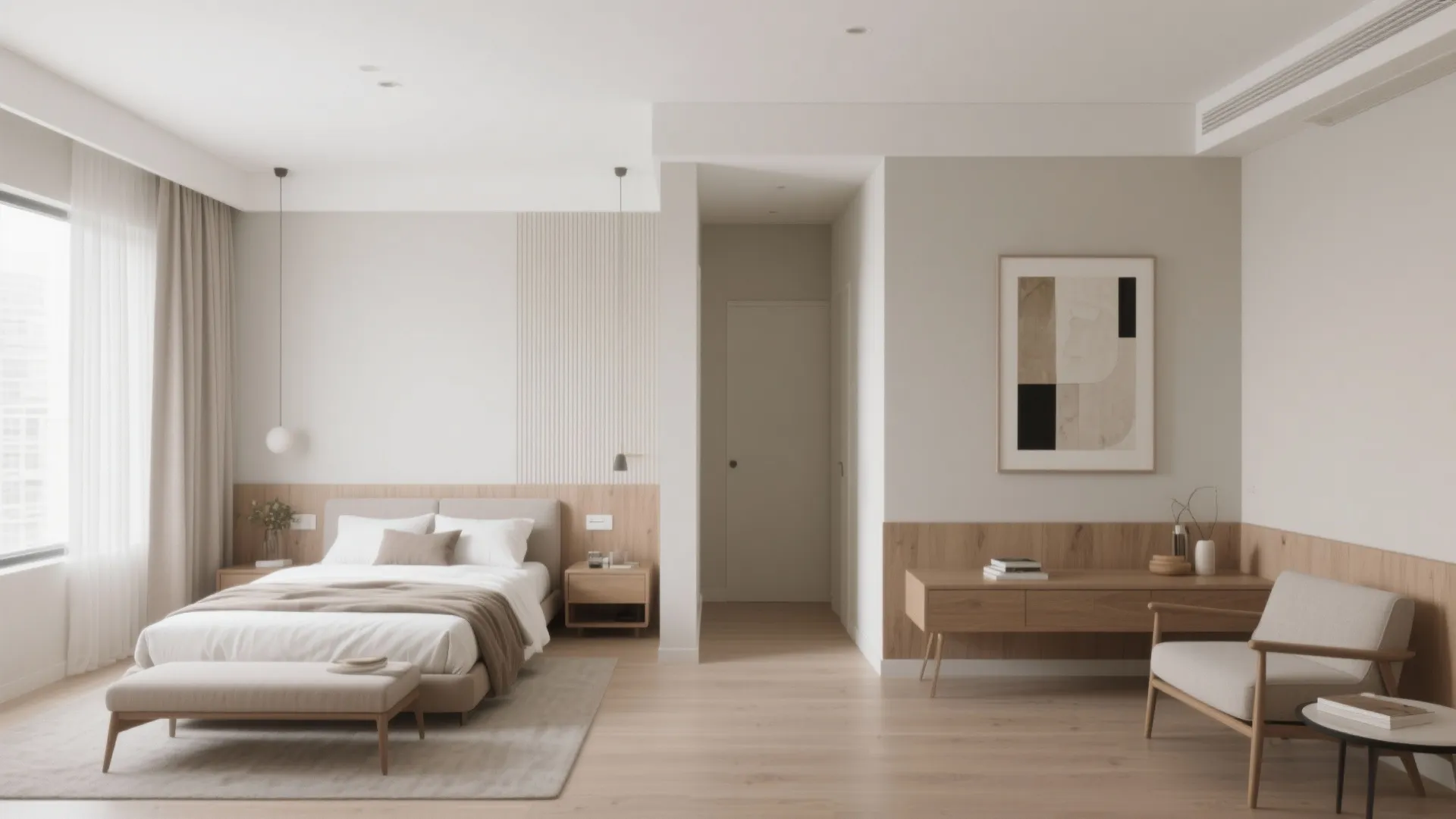 Soft greige walls unify a small living-bedroom space with pale curtains and off-white ceiling.