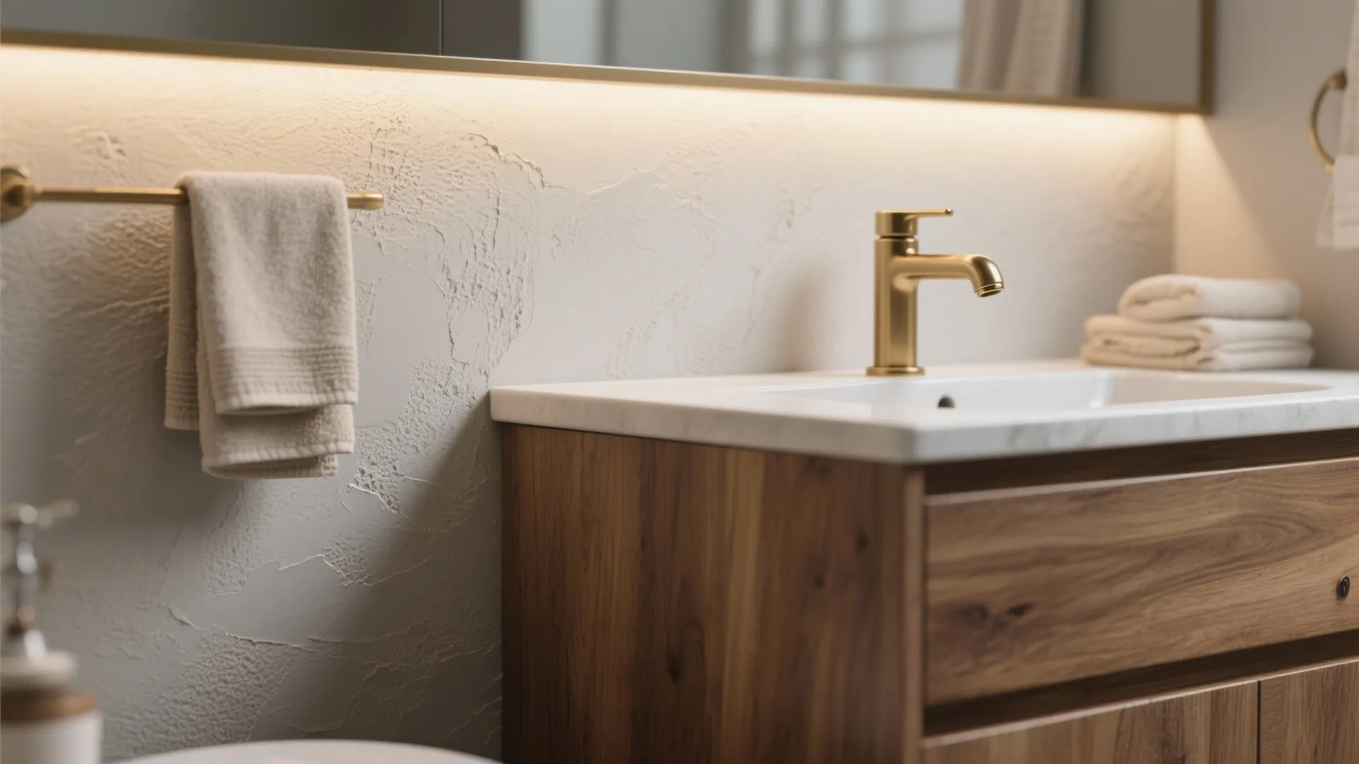 Close-up of soft greige wall with oak vanity and brass faucet showing warm depth
