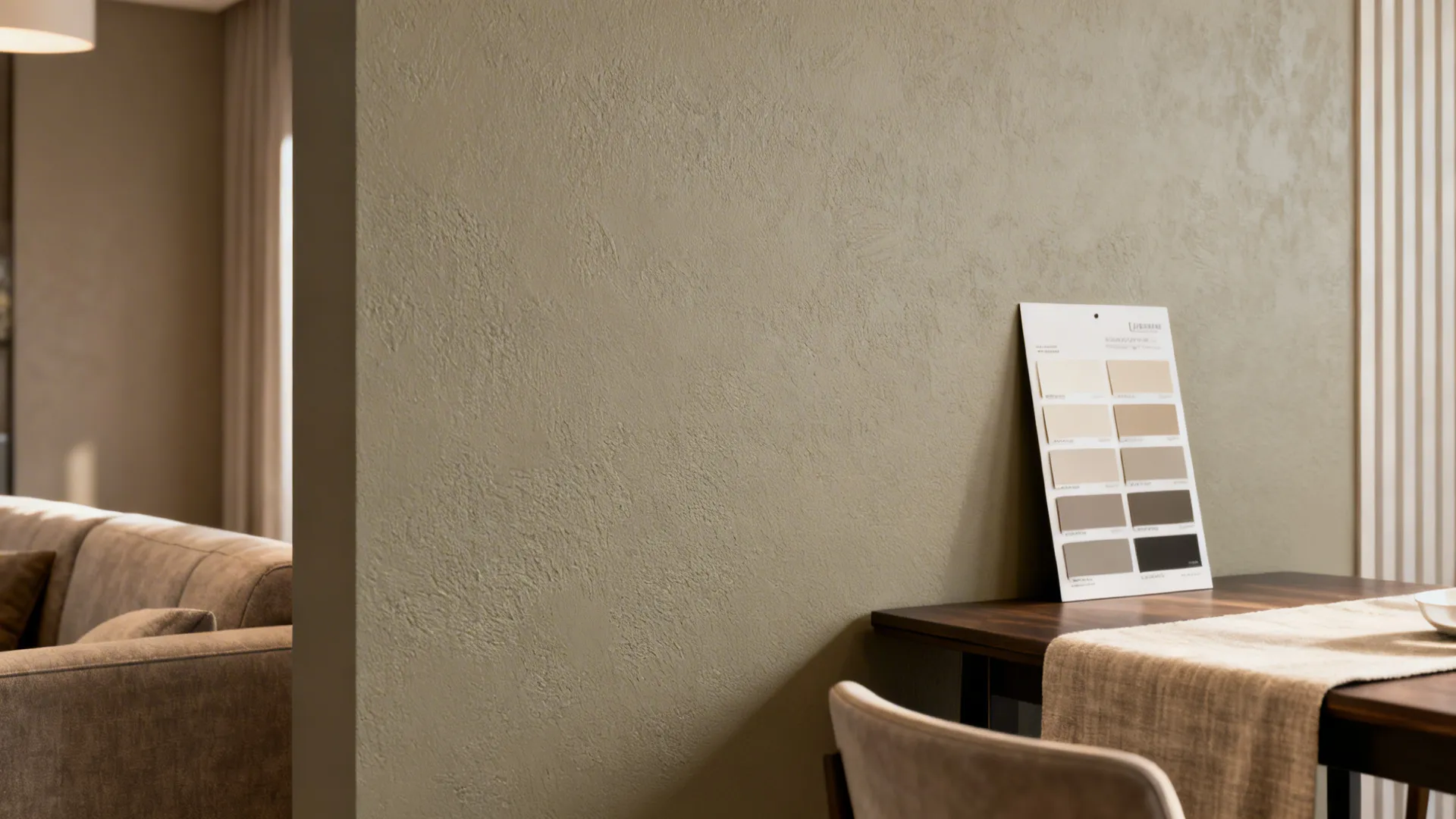 Textured greige wall with paint color sample card on wooden desk next to a sofa