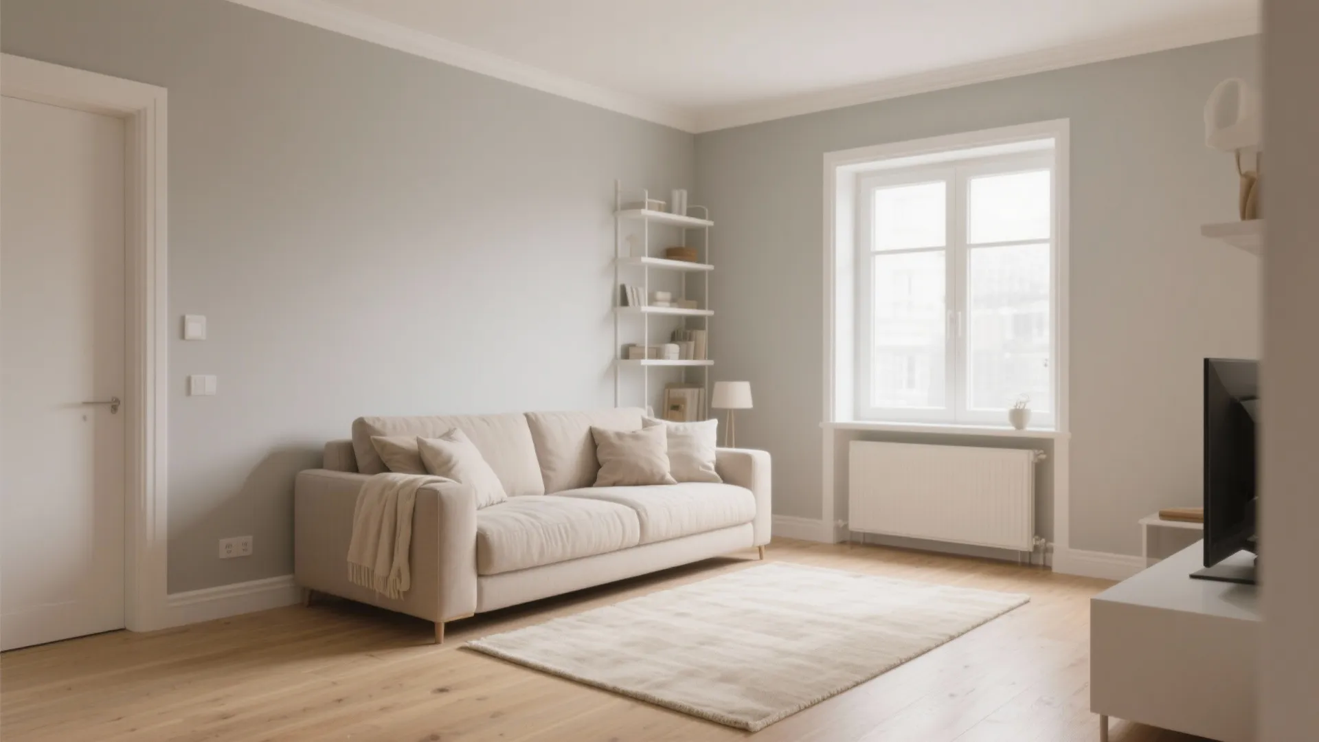 Minimalist living room featuring beige sofa white wall shelf wooden floor large window and rug
