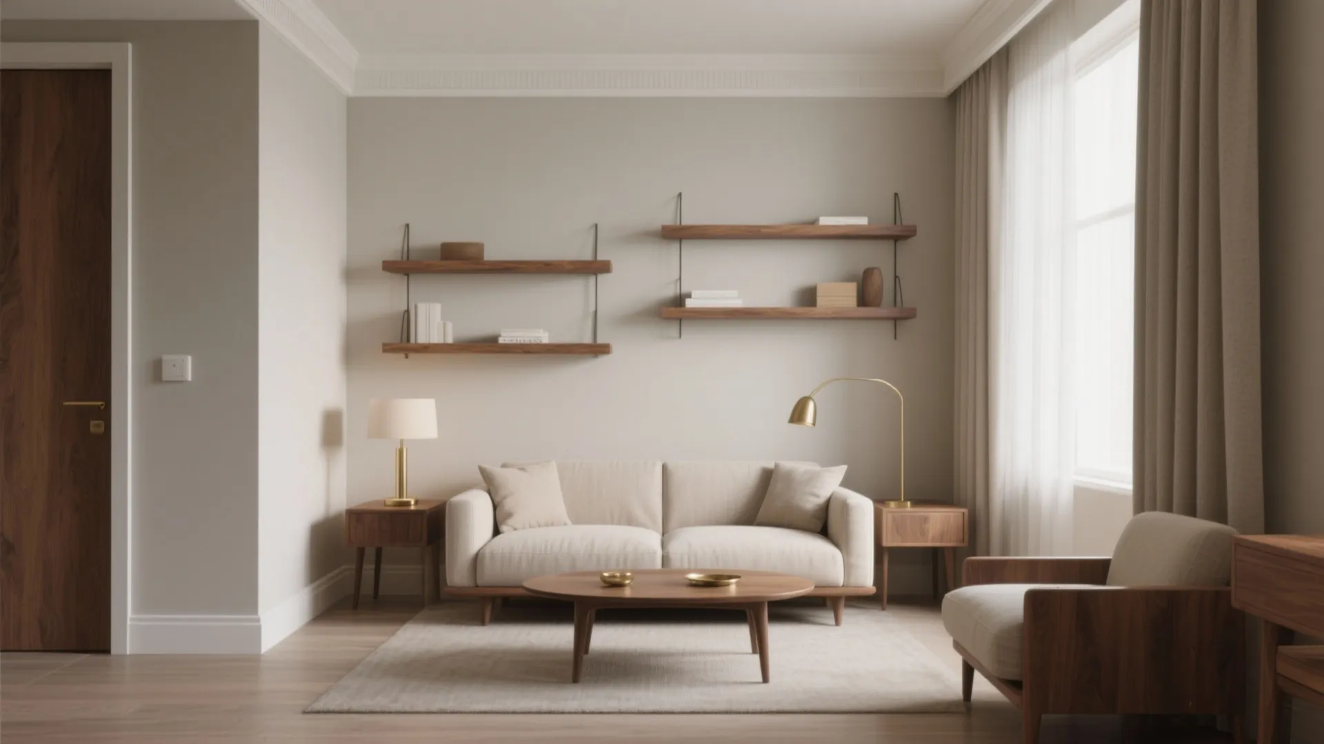 Modern beige living room with wooden shelves sofa coffee table wall light and white curtains