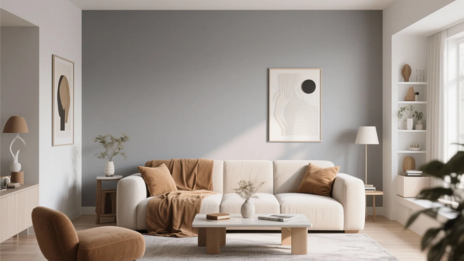 Soft grey accent wall in a bright tan-accented living room