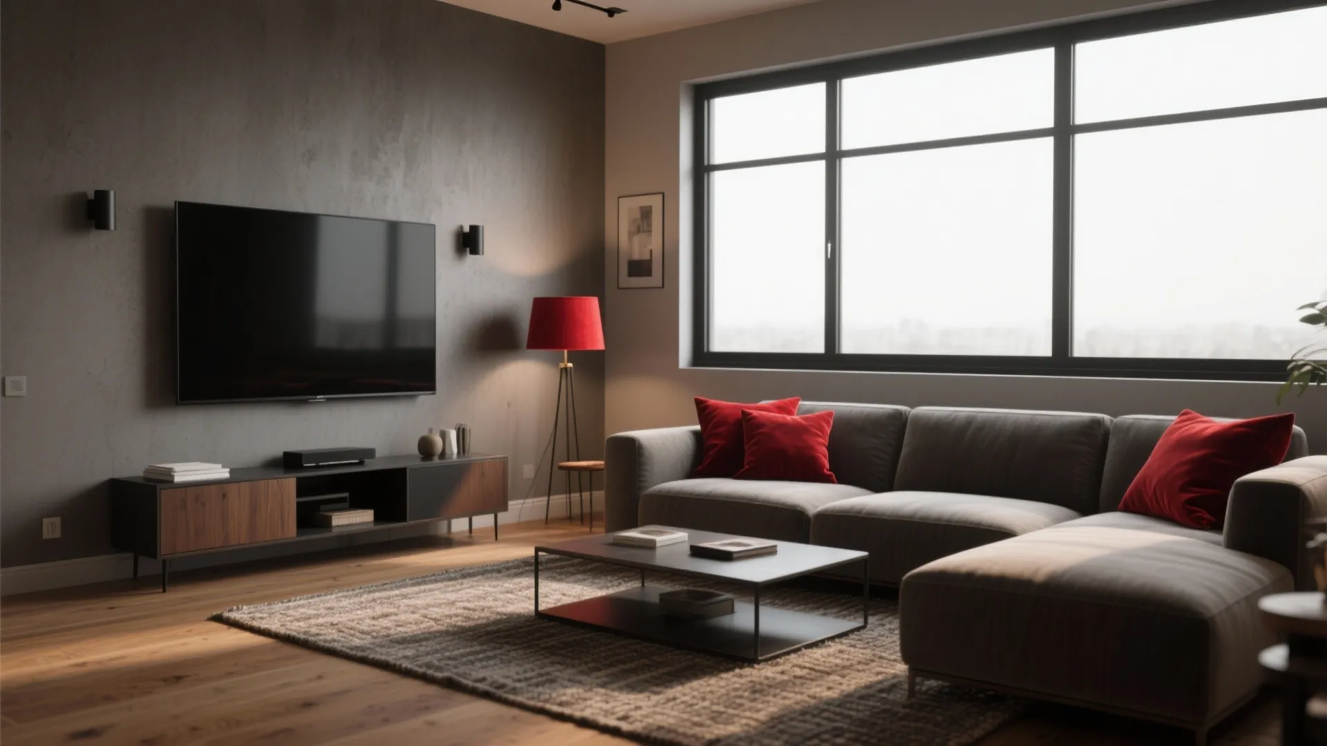 1. Soft Grey Base + Matte Black Anchors + Cherry Red Accents