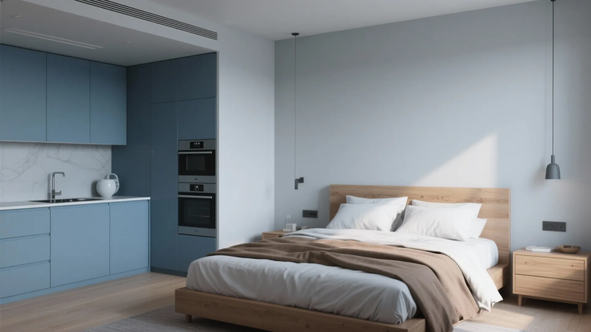 Modern interior with soft grey walls and a subtle blue undertone, warm textiles and wood accents creating balance.