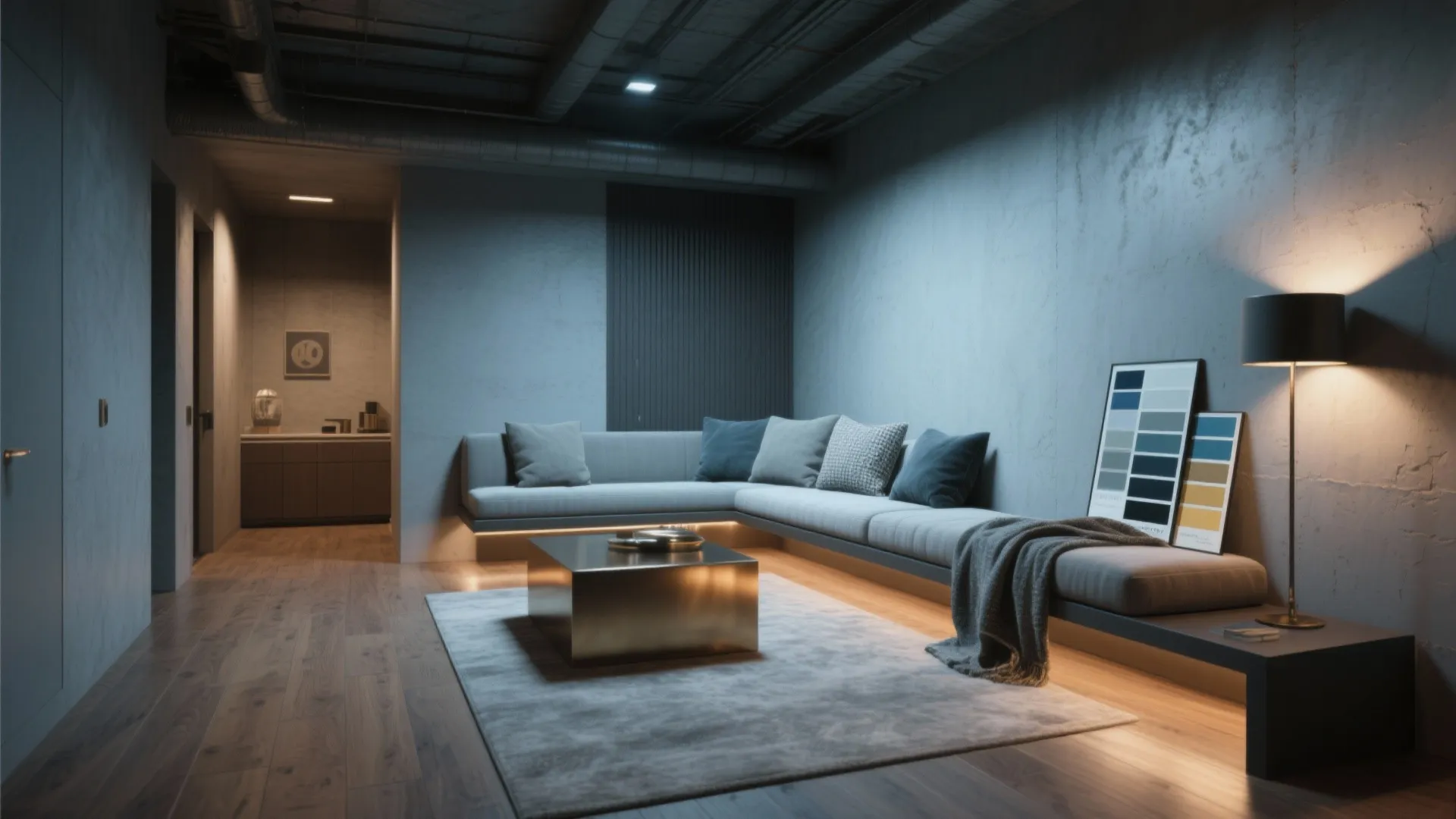 Modern basement lounge with soft grey-blue walls, oak floors and warm metal accents.