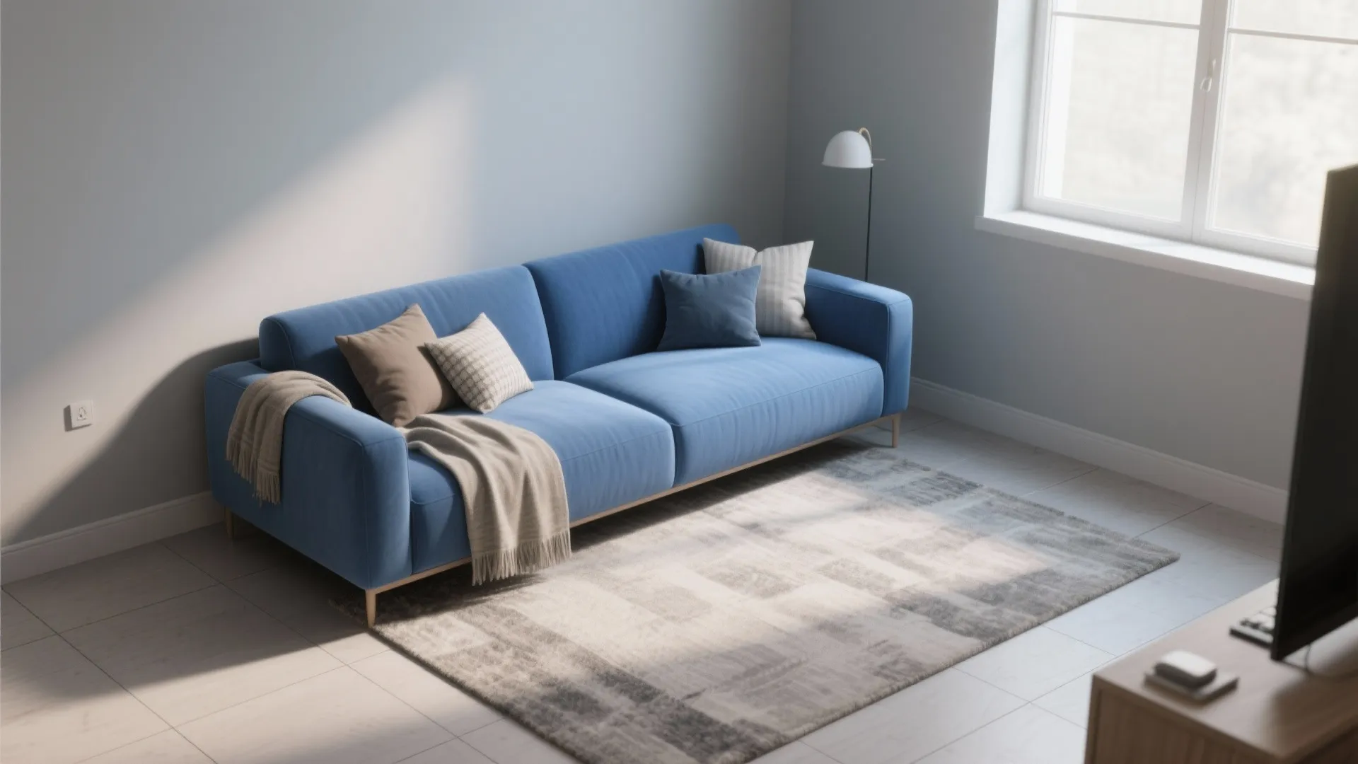 1. Soft grey walls with a bold blue sofa