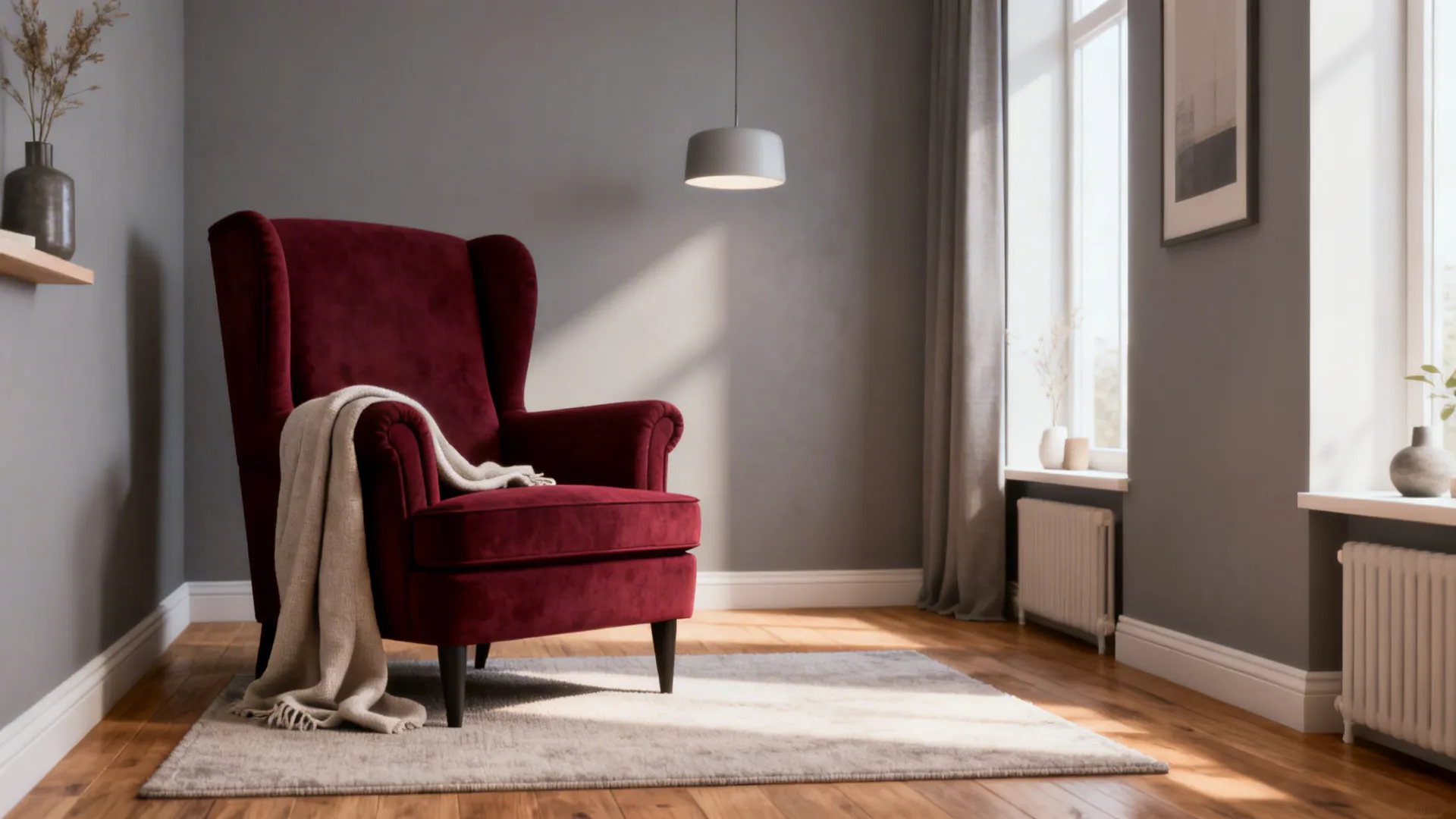 Warm soft grey walls with a single burgundy armchair and neutral accessories