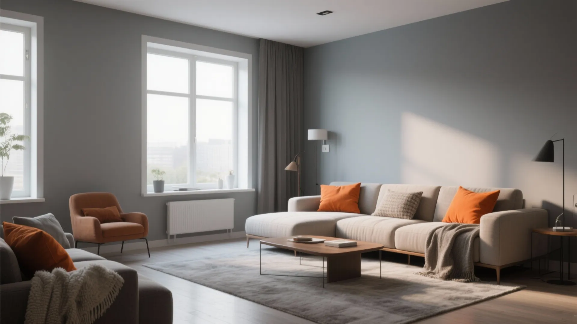 1. Soft Grey Walls with Burnt Orange Accents