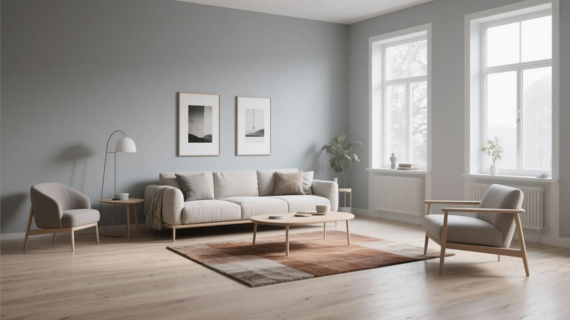 Minimalist living room with soft grey walls and Scandinavian furnishings