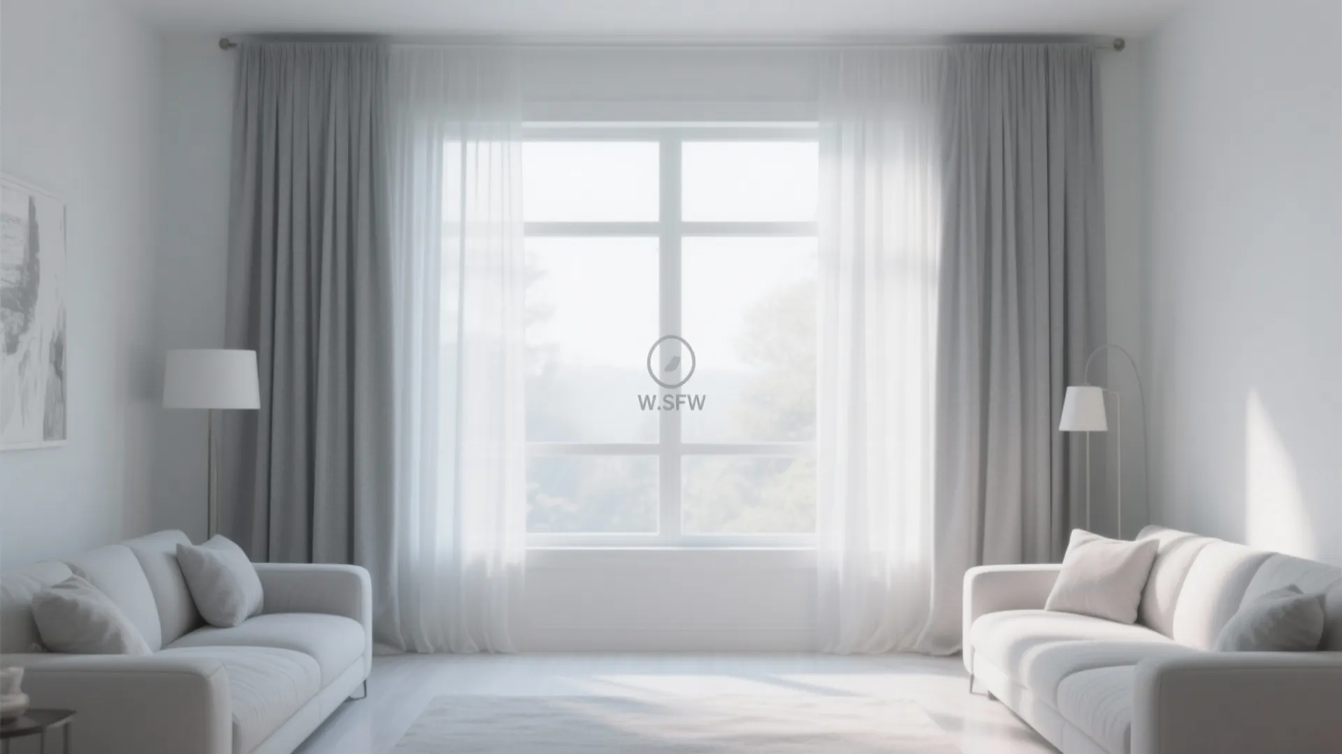 Living room with soft grey curtains framing tall windows