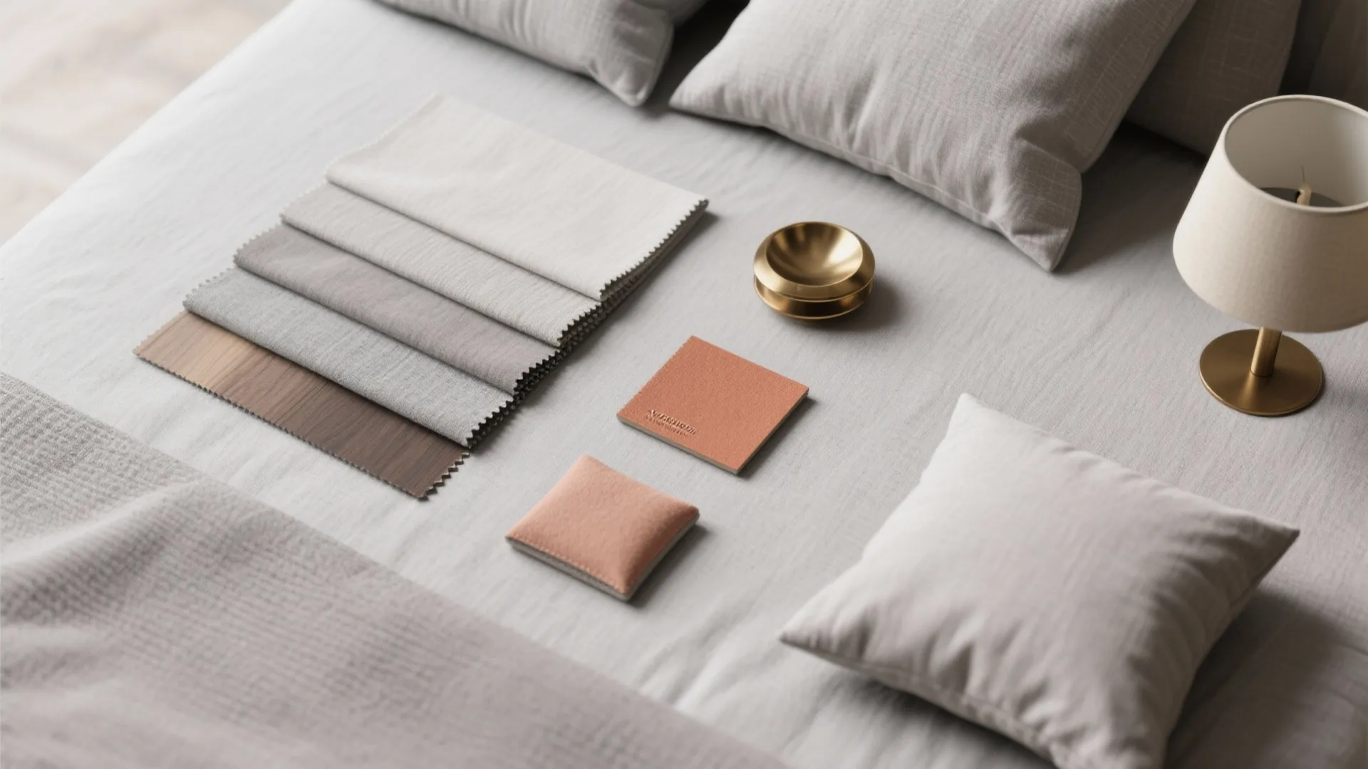 Material flatlay showing grey fabrics, wood sample, brass accent and a terracotta accent swatch.