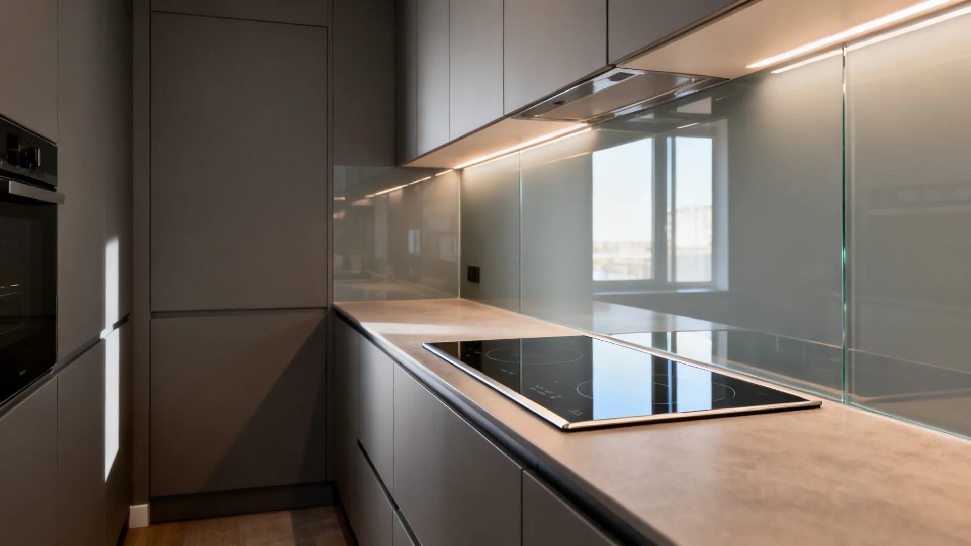 Low-iron soft-grey back-painted glass splash behind an induction cooktop.