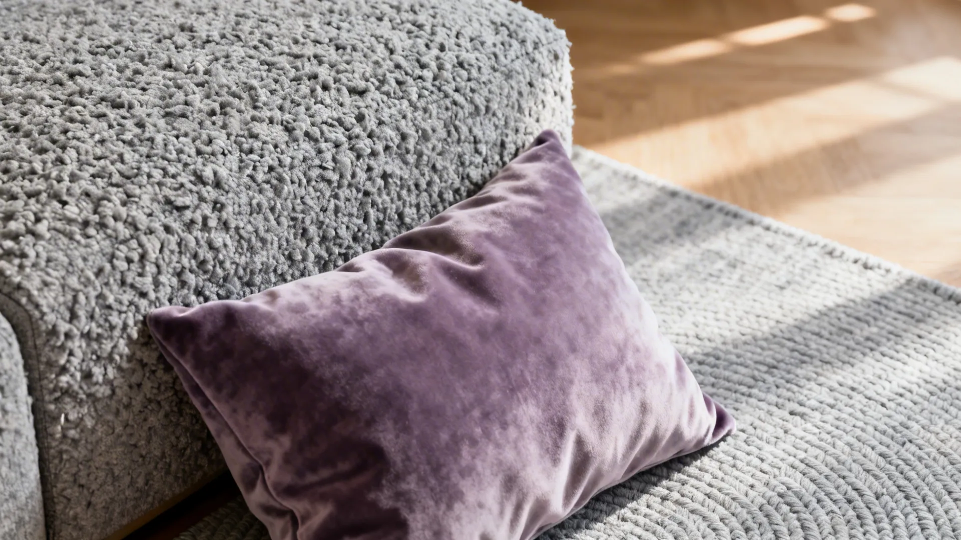 Close-up of soft grey boucle cushion and lavender velvet pillow textures in warm daylight.