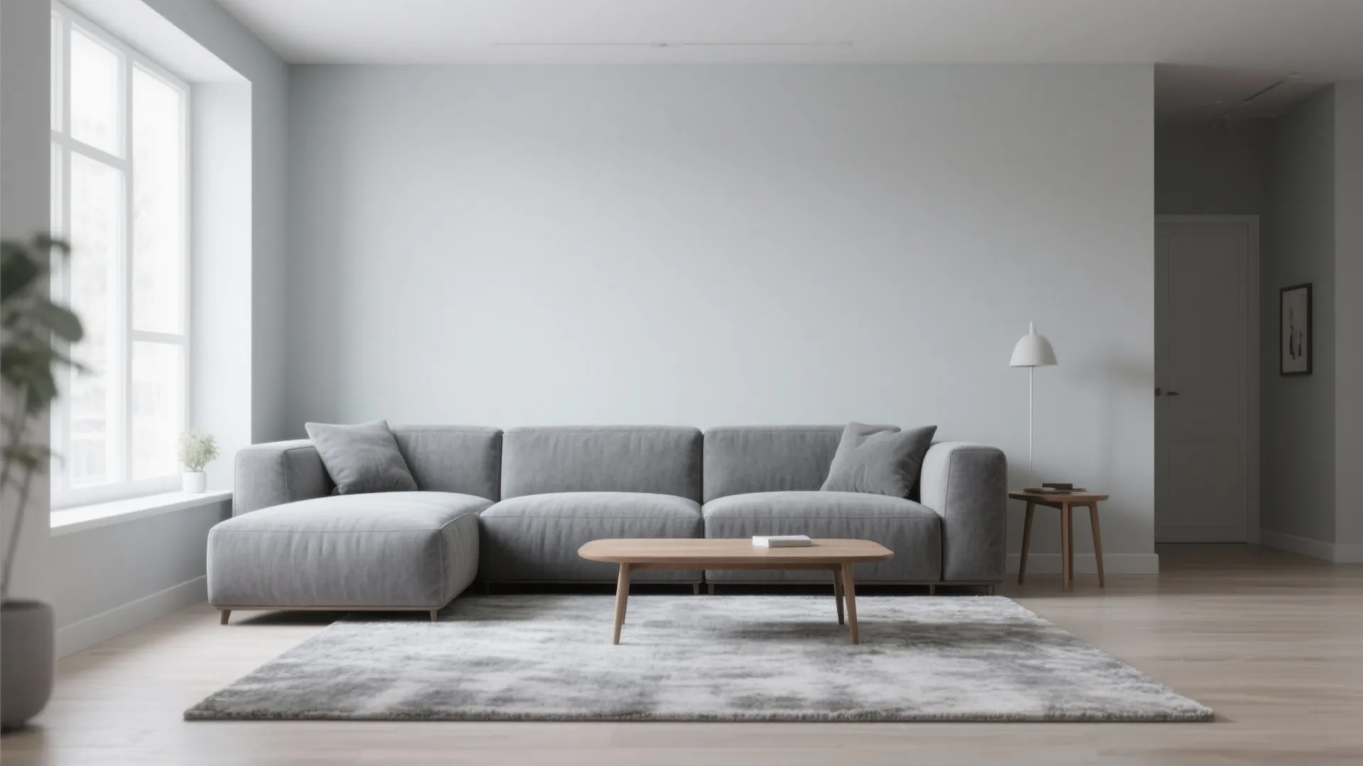 Modern grey sofa with wooden coffee table and grey rug in a bright white room