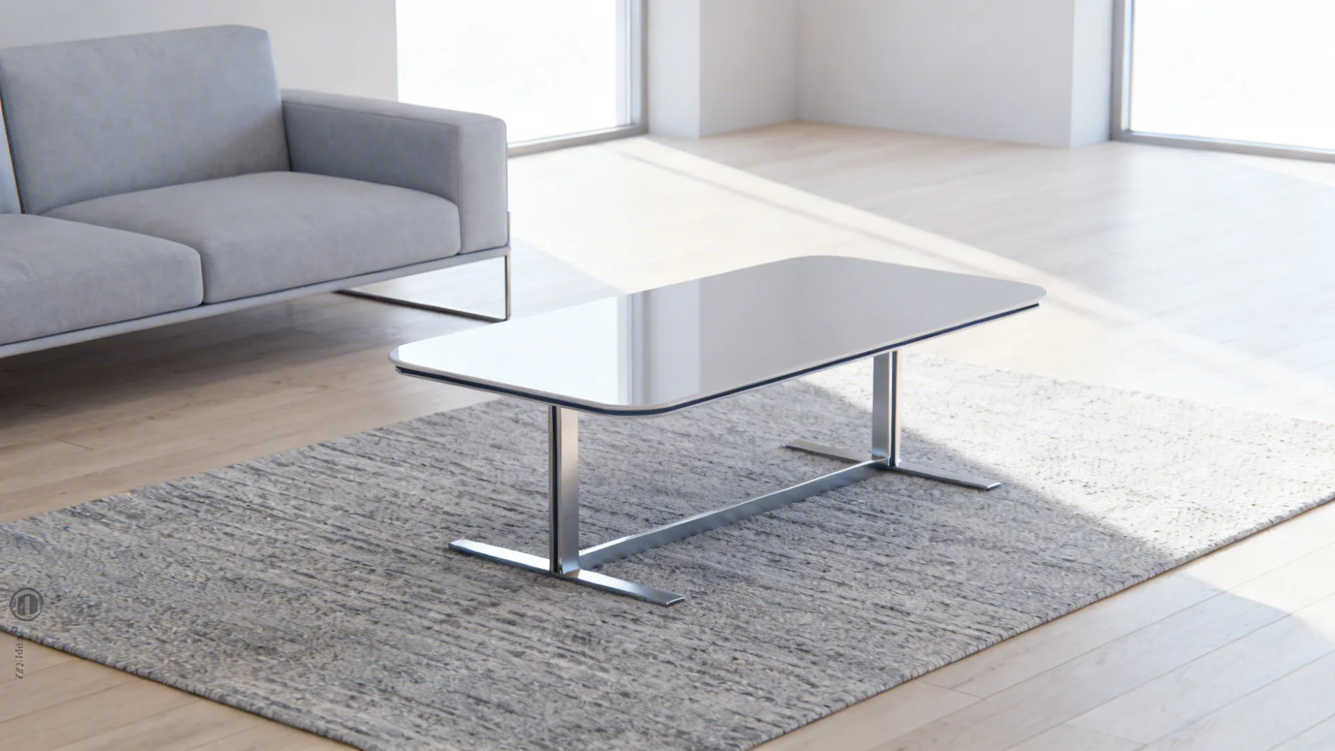Pale soft grey living room with metal accents and pale wood flooring under bright natural light