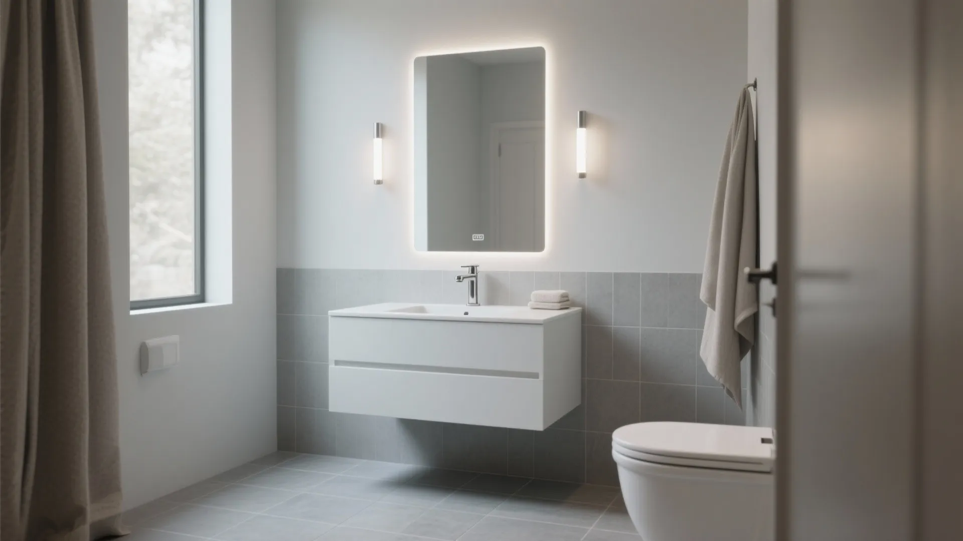 1. Soft Greys + Matte White Vanity