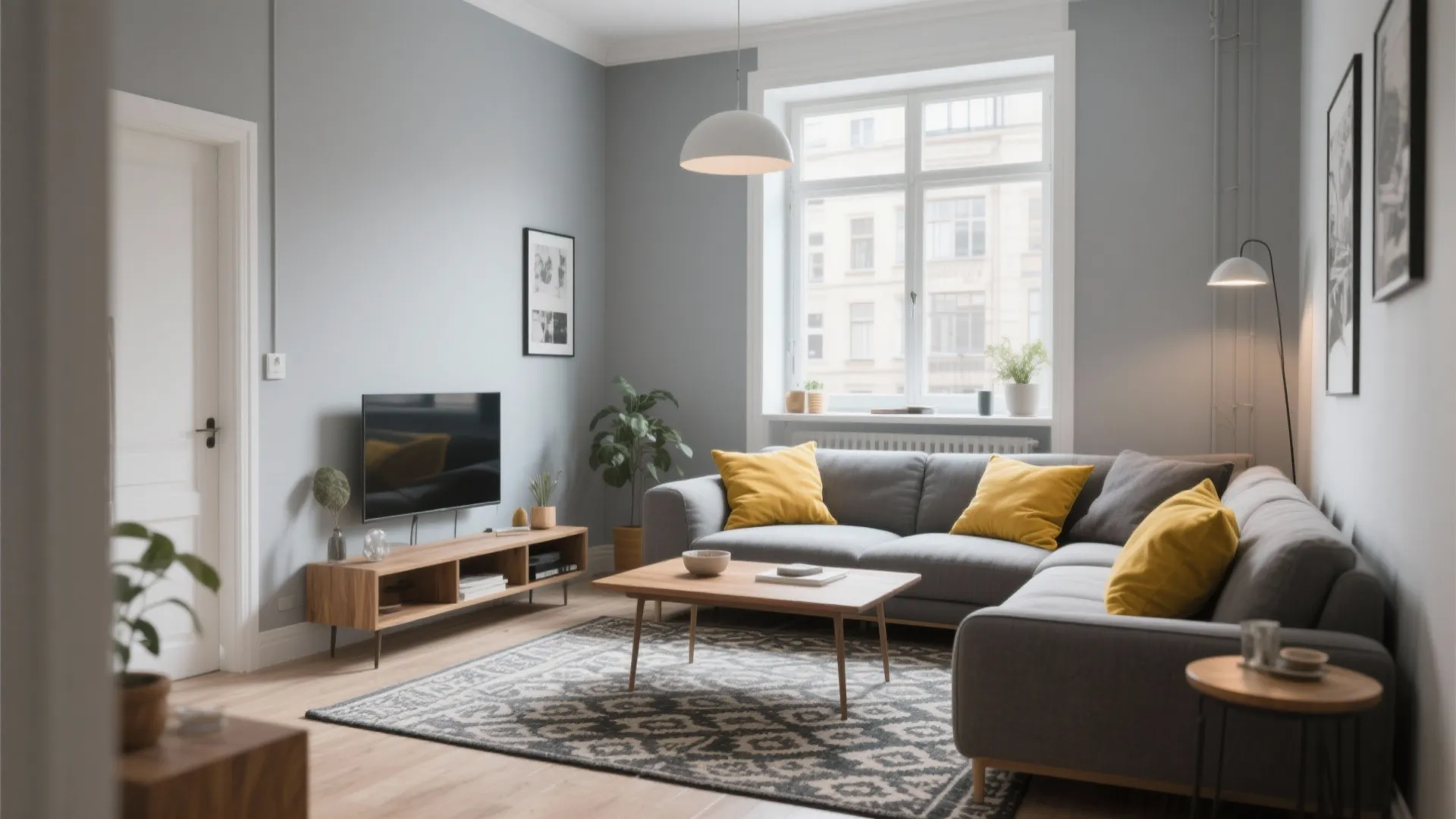 1. Soft Grey Walls with Mustard Accents