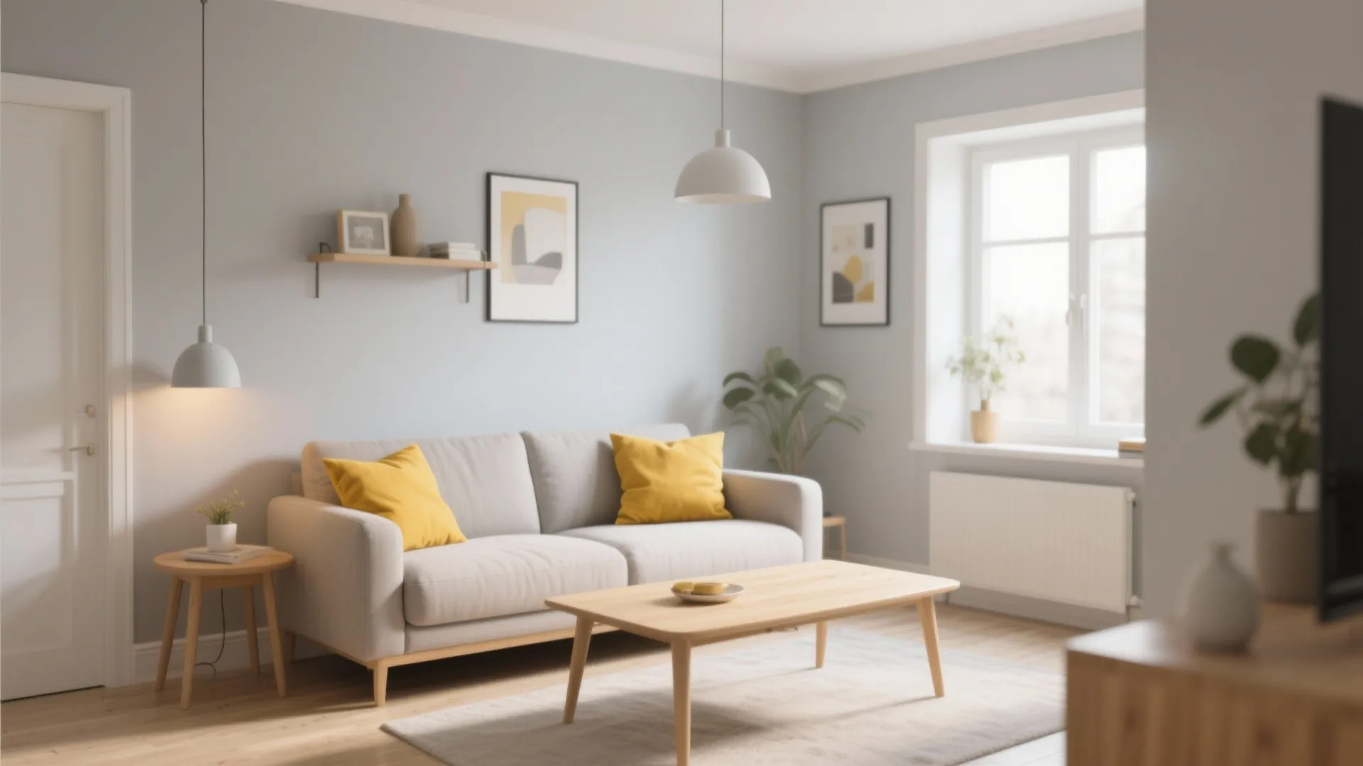 1. Soft Grey Walls with Mustard Accents