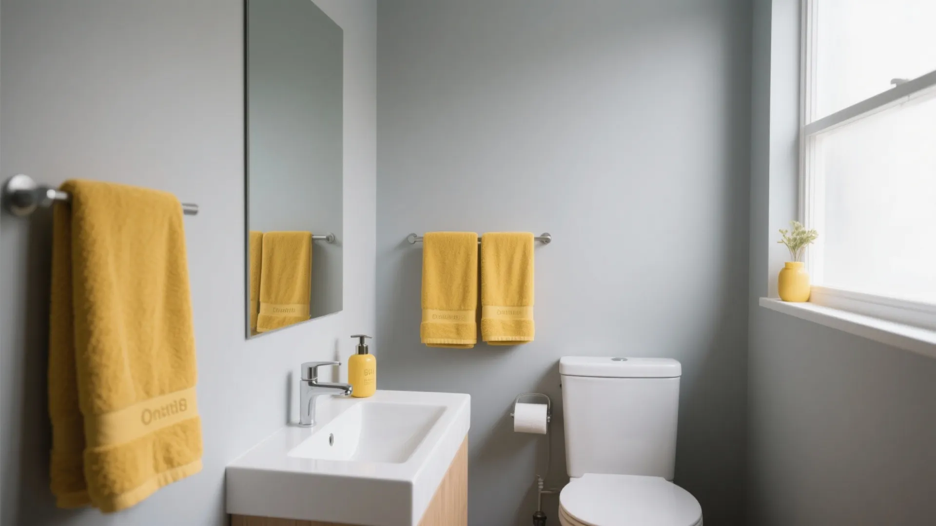 Light grey bathroom interior with yellow towels white toilet sink and a small roof window