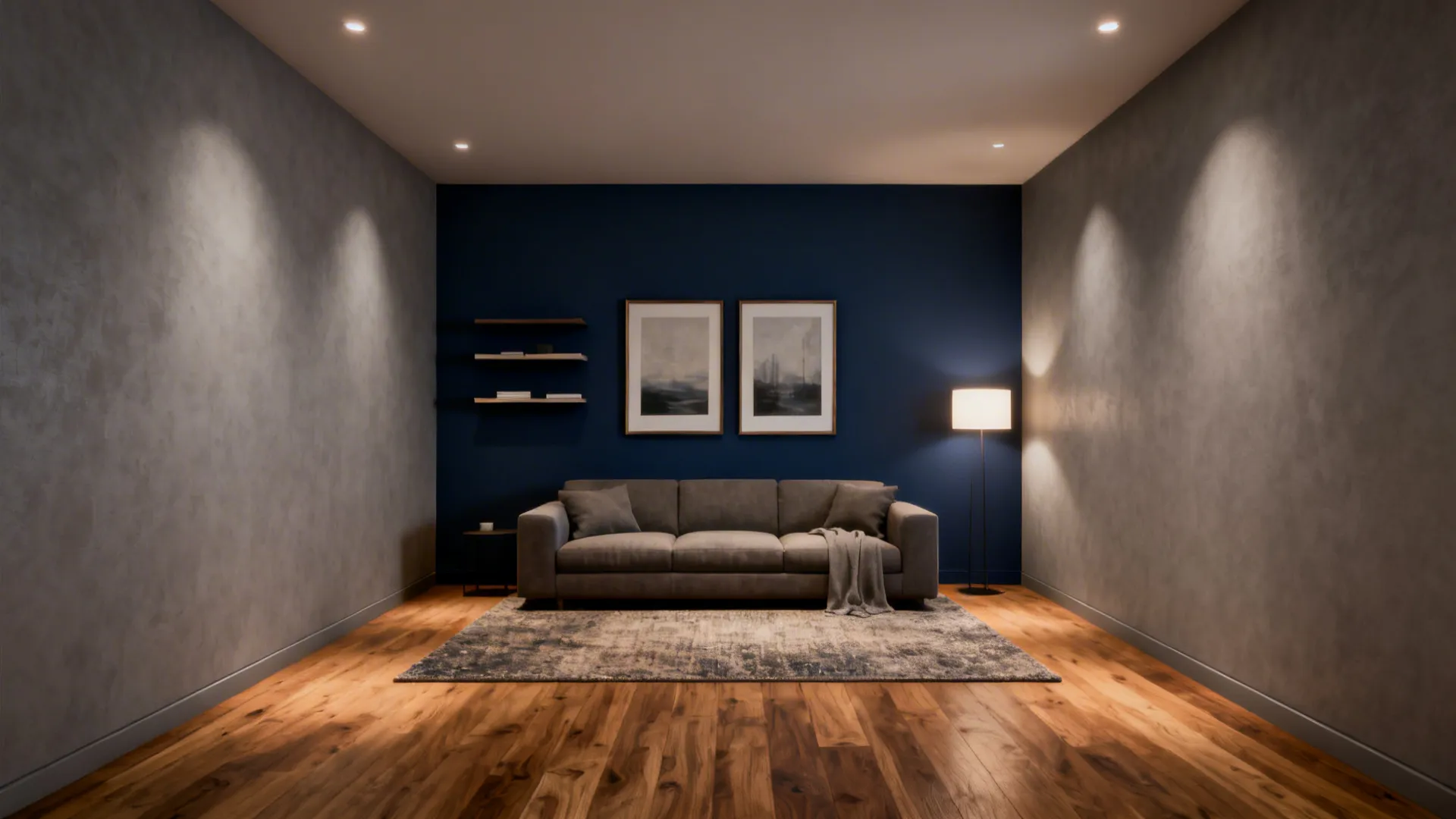 Living room with warm mid-grey three-walled backdrop and a single navy accent wall behind the sofa.