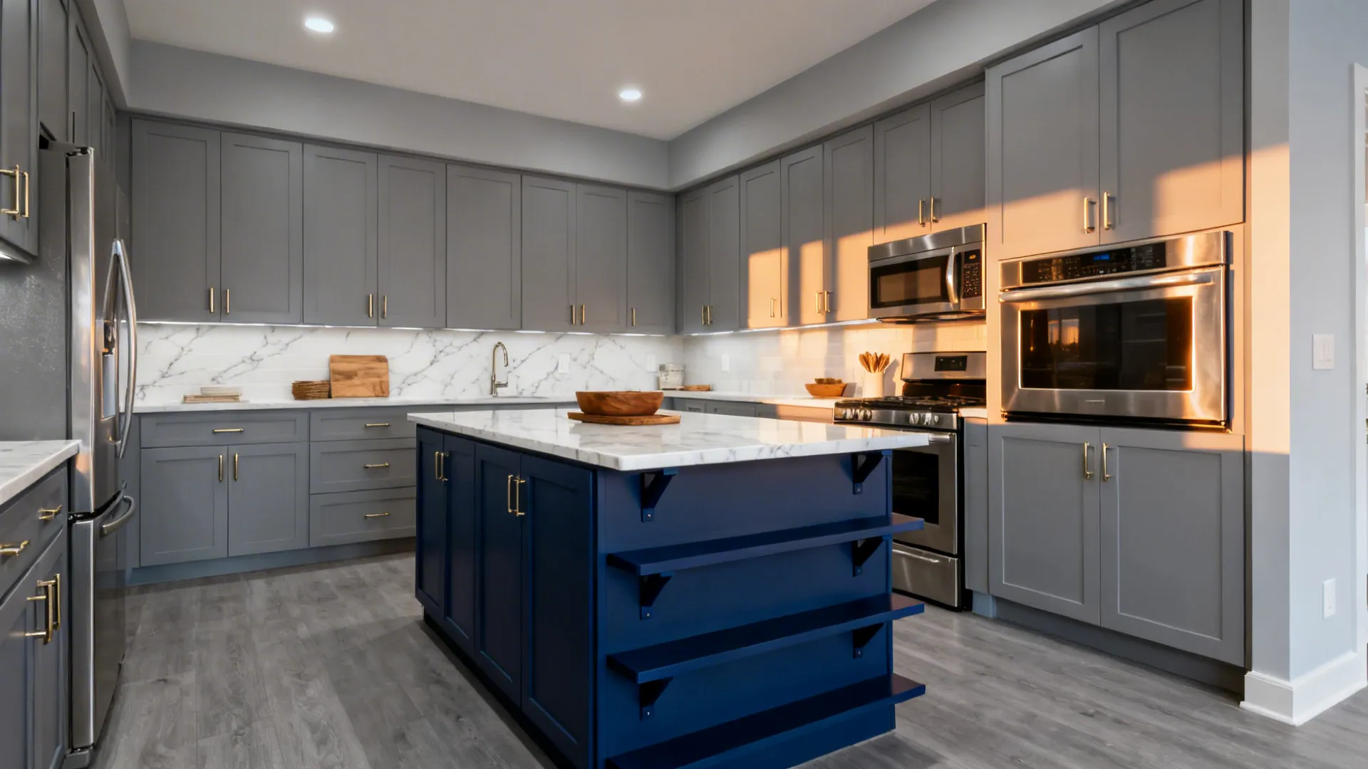 1) Soft Grey Base, Navy Accents for Depth