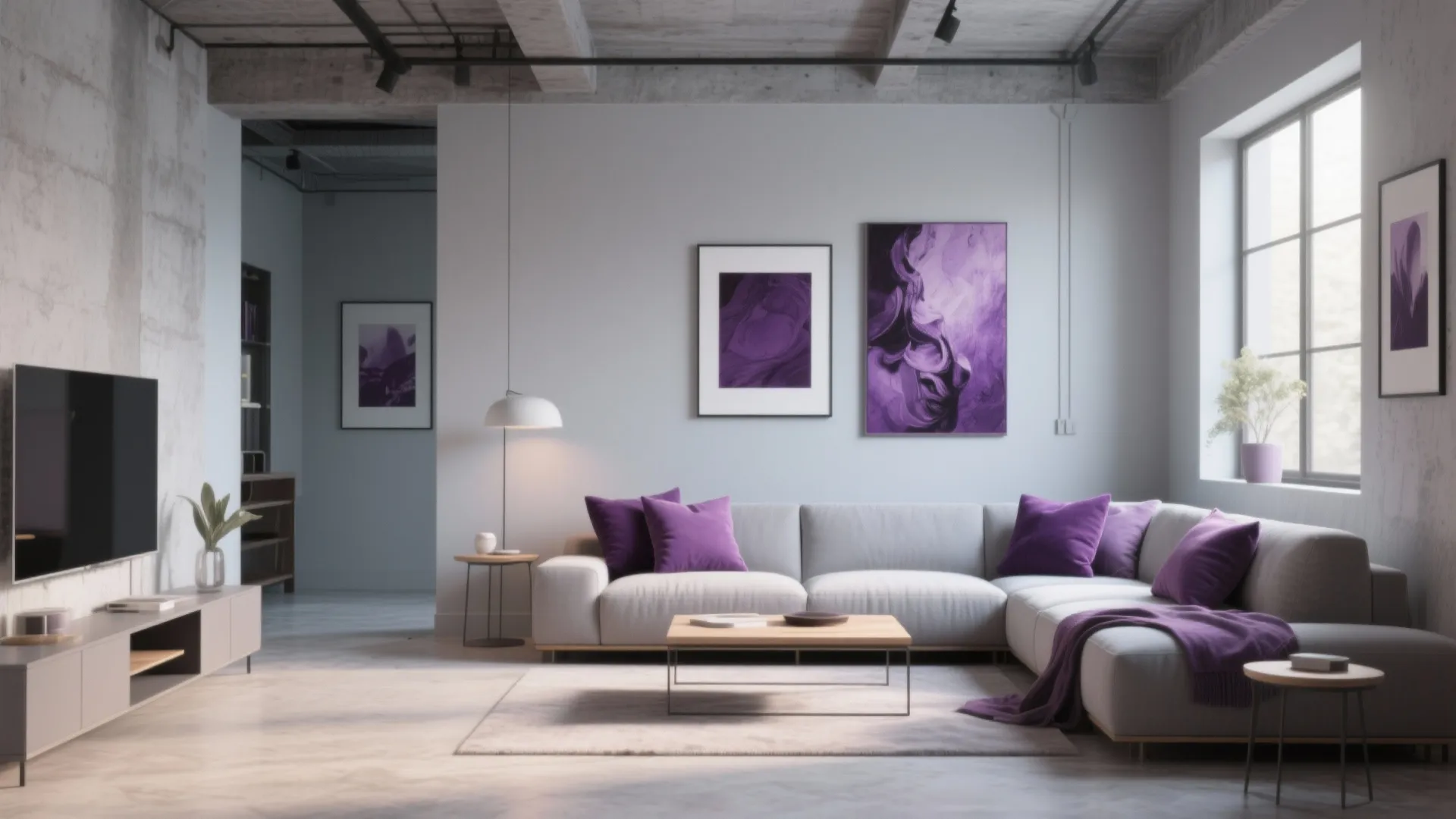 Soft Grey Walls with Plum Accents