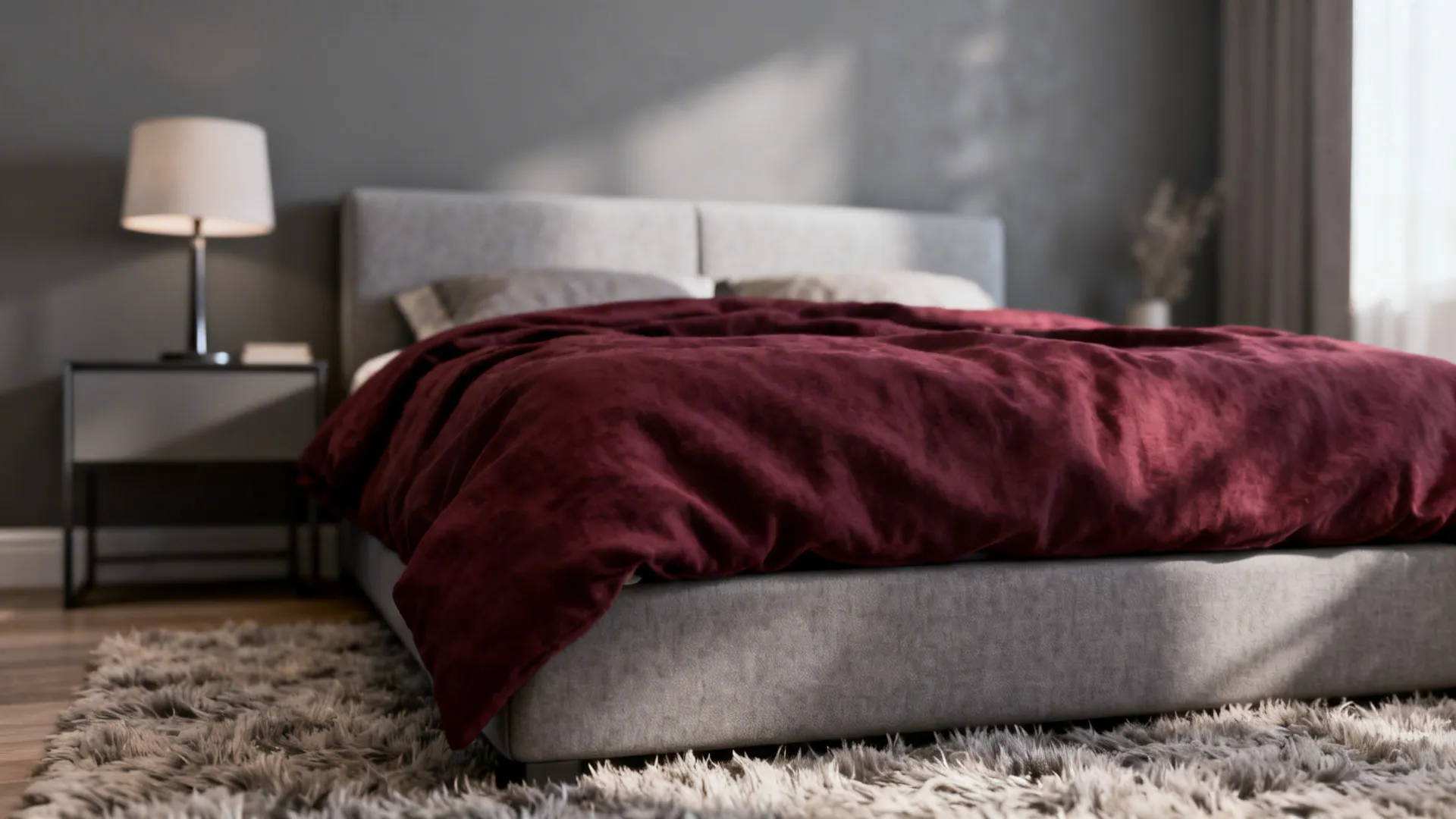 Bedroom with soft grey walls and a deep red duvet creating a calm focal point.