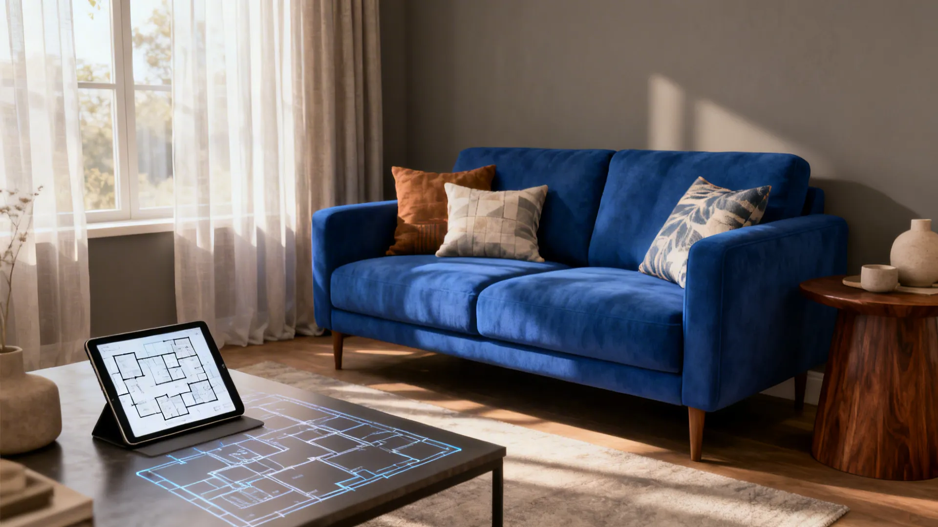 Small living room with warm mid-grey walls and a royal blue sofa with seasonal cushions and walnut side table.