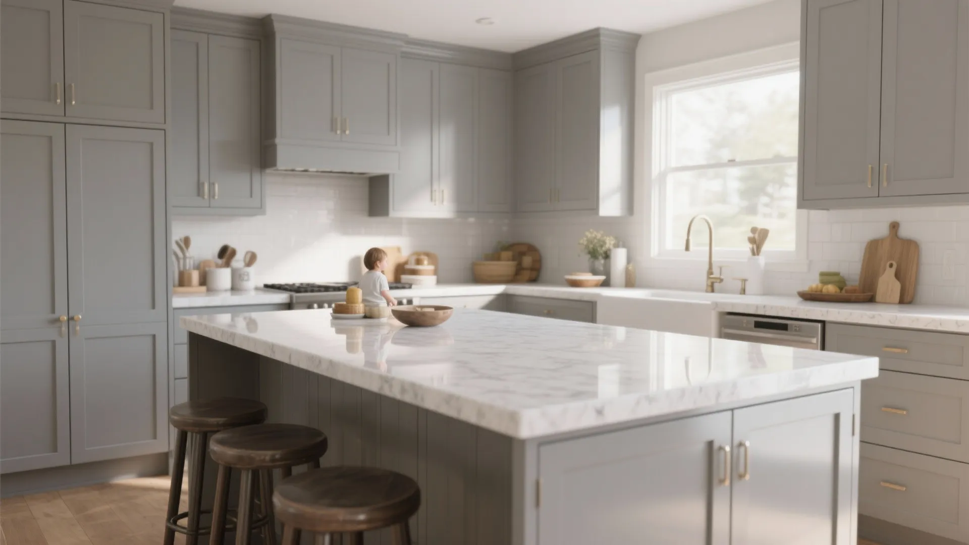 2. Soft Grey Shaker with Glossy White Islands