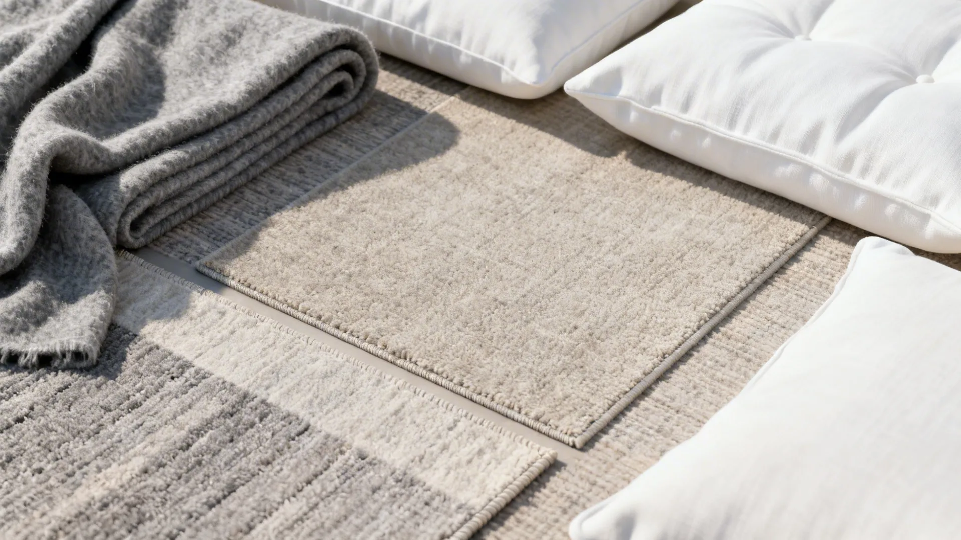 Flatlay of grey textile swatches and white slipcover fabric showing textures and samples.